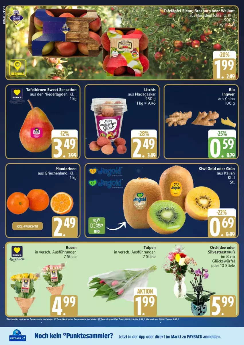 Aktueller Prospekt Edeka - Prospekte - von 30.12.2026 bis 03.01.2027 - strona 16 - produkty: bio, Birnen, kiwi, Kiwi Gold, mandarine, mandarinen, orchidee, payback, rosen, tafelbirnen, Ti, tisch, würfel