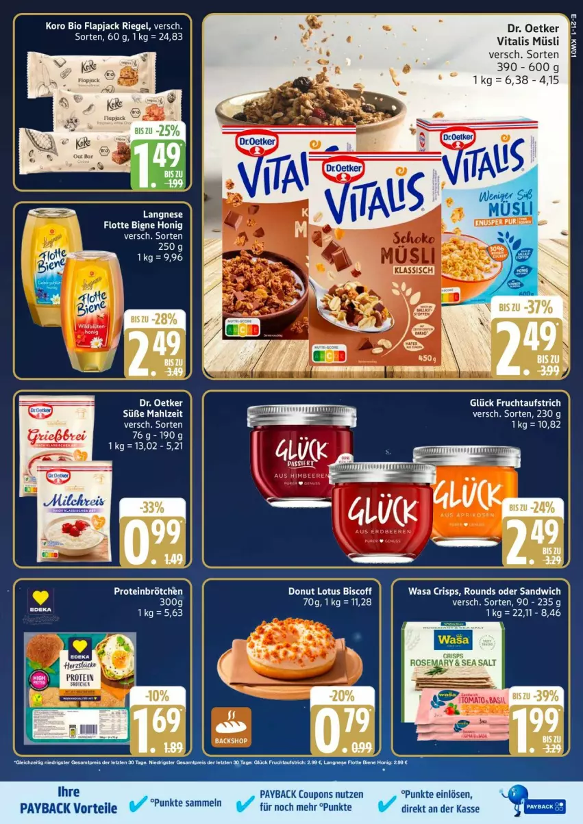 Aktueller Prospekt Edeka - Prospekte - von 30.12.2026 bis 03.01.2027 - strona 25 - produkty: aufstrich, bio, biscoff, brötchen, coupon, coupons, Donut, Dr. Oetker, frucht, fruchtaufstrich, langnese, müsli, payback, riegel, sandwich, vita, vitalis, vitalis müsli, wasa