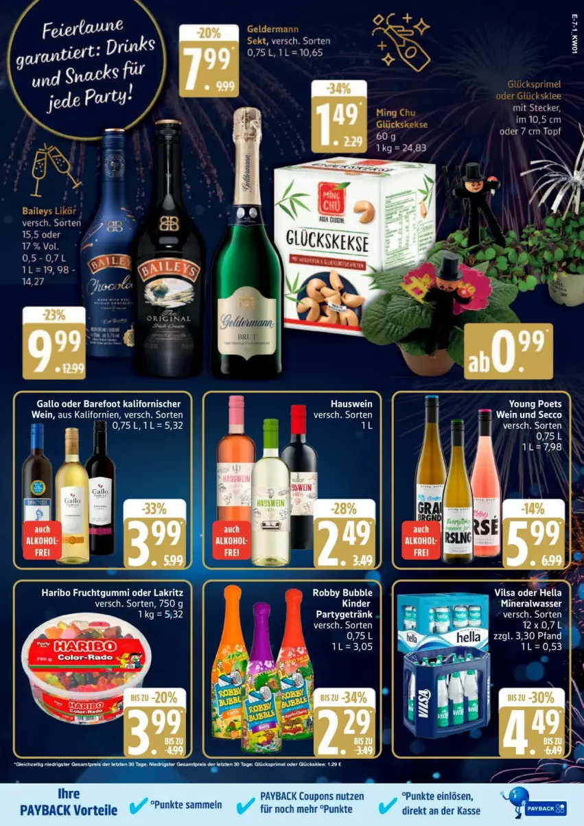 Aktueller Prospekt Edeka - Prospekte - von 30.12.2026 bis 03.01.2027 - strona 9 - produkty: alkohol, Alwa, coupon, coupons, drink, drinks, frucht, fruchtgummi, gallo, haribo, hella, keks, kekse, Lakritz, leine, mineralwasser, oder lakritz, payback, robby, Ti, vilsa, wasser, wein, Yo