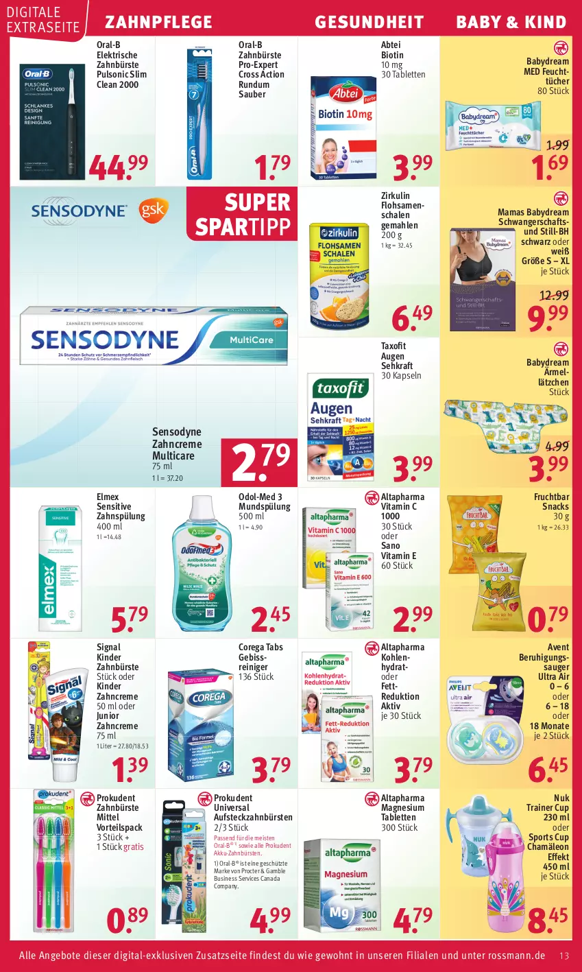 Aktueller Prospekt Rossmann - Prospekte - von 12.09 bis 16.09.2022 - strona 13 - produkty: Abtei, akku, Altapharma, angebot, angebote, babydream, Beruhigungssauger, bio, bürste, bürsten, creme, cross action, eis, elektrische zahnbürste, elmex, feuchttücher, Flohsamenschalen, frucht, Gesundheit, Kinder, kraft, Lätzche, magnesium, mam, mundspülung, nuk, Odol, Odol-med 3, oral-b, Prokudent, reiniger, Schal, Schale, Sehkraft, sensodyne, Signal, snack, snacks, spartipp, Sport, spülung, tablet, tablett, Tablette, Taxofit, Ti, tücher, vita, Vitamin C, zahnbürste, zahnbürsten, zahncreme, ZTE