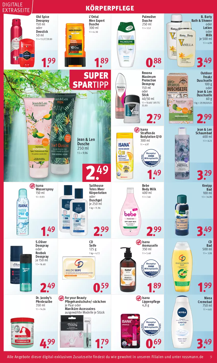 Aktueller Prospekt Rossmann - Prospekte - von 12.09 bis 16.09.2022 - strona 9 - produkty: ACC, accessoires, angebot, angebote, Bad, Bebe, body, body milk, bodylotion, creme, dell, deo, deospray, deospray 150 ml, Deostick, dusche, duschgel, elle, erde, For Your Beauty, handschuhe, isana, kneipp, Körperlotion, körperpflege, Lippenpflege, Lotion, Mode, nivea, Old Spice, olive, palmolive, Q10, Reebok, rexona, s.oliver, sana, schaumbad, schuhe, Seife, söckchen, spartipp, Ti, wasser, Yo