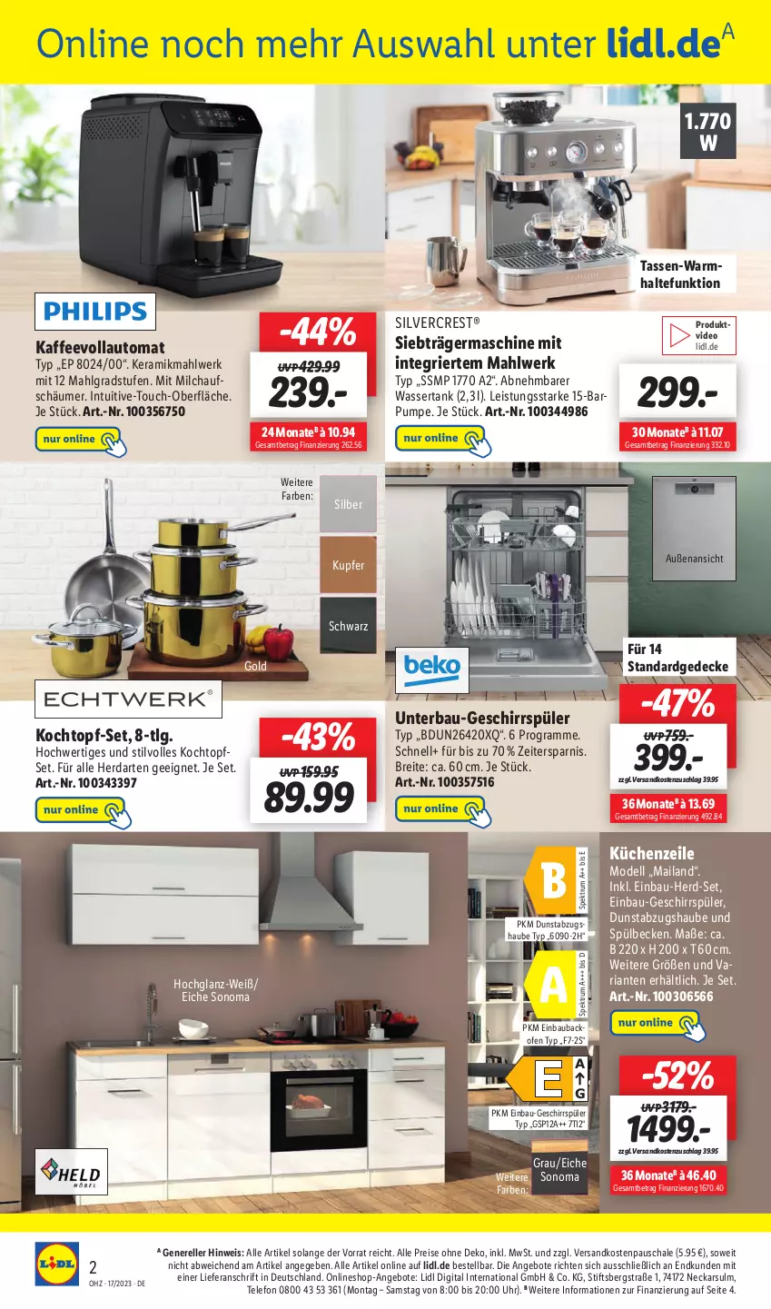 Aktueller Prospekt Lidl - Wochen-Highlights im Onlineshop - von 24.04 bis 30.04.2023 - strona 2 - produkty: abzugshaube, angebot, angebote, auto, backofen, Bau, Brei, decke, dell, deo, dunstabzug, dunstabzugshaube, einbau-geschirrspüler, einbaubackofen, eis, elle, Germ, geschirr, geschirrspüler, herdarten, hochglanz, kaffee, kaffeevollautomat, Kochtopf, küche, Küchen, Küchenzeile, LG, milch, milchaufschäumer, Mode, ndk, Ofen, reis, rel, Ria, rum, Schal, Schale, silvercrest, Spektrum, tasse, telefon, Ti, topf, topf-set, Topfset, uhr, wasser, wassertank