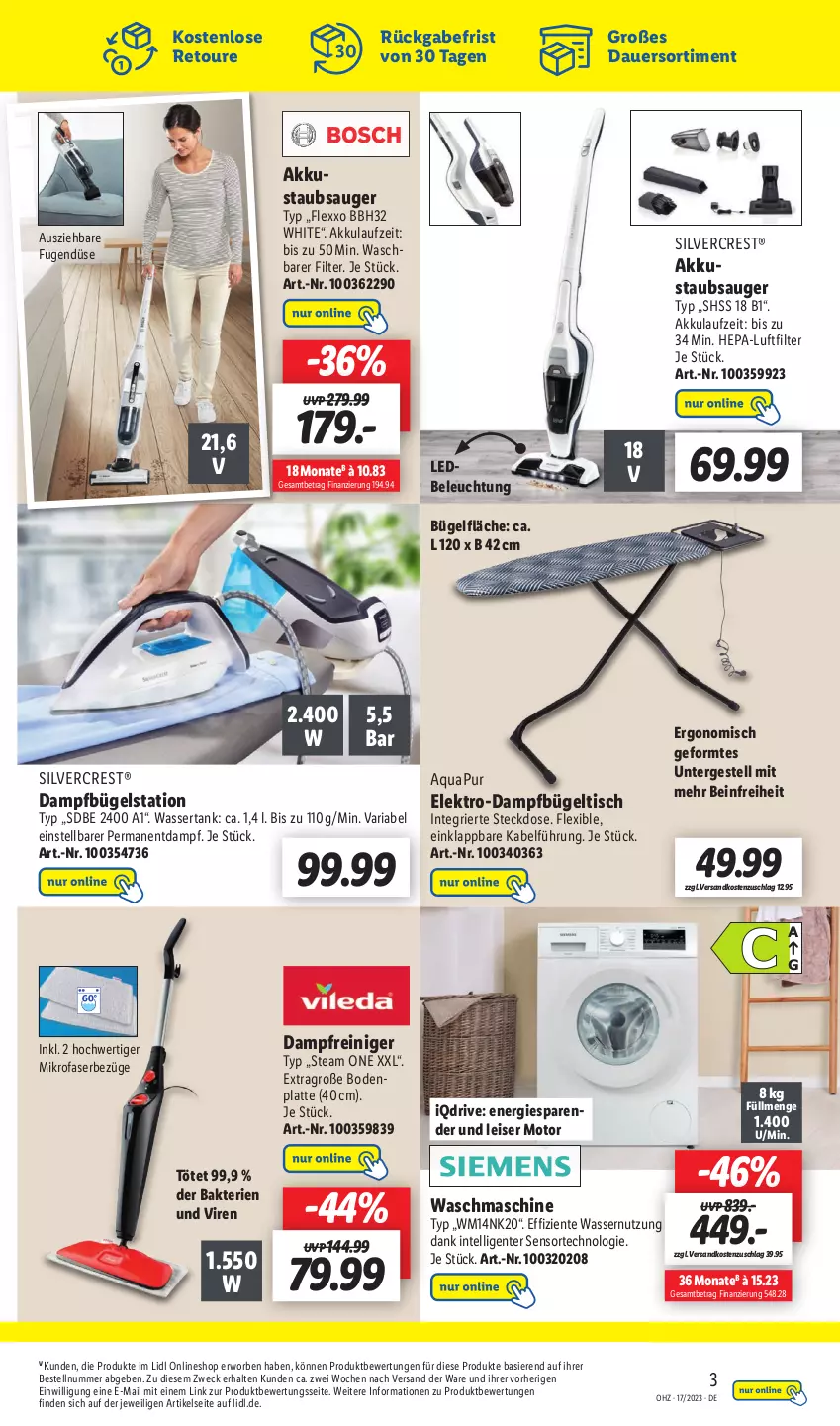 Aktueller Prospekt Lidl - Wochen-Highlights im Onlineshop - von 24.04 bis 30.04.2023 - strona 3 - produkty: akku, aqua, AquaPur, auer, beleuchtung, Bodenplatte, bügel, Bügelstation, bügeltisch, dampfbügelstation, dampfreiniger, eis, Elektro, ente, Intel, K2, korb, latte, mikrofaser, ndk, reiniger, Ria, silvercrest, staubsauger, steckdose, Ti, tisch, waschmaschine, wasser, wassertank, weck