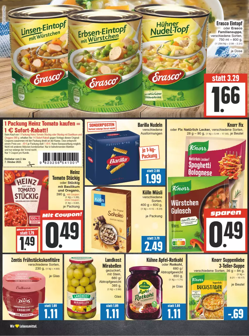 Aktueller Prospekt Edeka - Angebote der Woche - von 02.10 bis 07.10.2023 - strona 10 - produkty: apfel, barilla, basilikum, beere, beutel, coupon, coupons, eintopf, eis, elle, erasco, erdbeere, gin, gulasch, knorr, knorr fix, kölln, konfitüre, Kühne, lebensmittel, müsli, ndk, nudel, nudeln, reis, rotkohl, suppe, suppen, suppenliebe, teller, Ti, topf, zentis, zucker