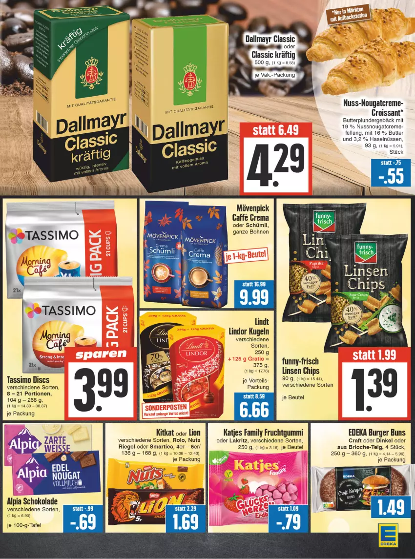 Aktueller Prospekt Edeka - Angebote der Woche - von 02.10 bis 07.10.2023 - strona 11 - produkty: alpia, beutel, bohne, bohnen, burger, burger buns, butter, caffe, chips, creme, Croissant, dallmayr, deka, frucht, fruchtgummi, funny-frisch, katjes, kitkat, Kugel, Lakritz, lindor, linsen, lion, mövenpick, Nougatcreme, nuss, oder lakritz, Plunder, riegel, schoko, schokolade, sim, smarties, tassimo, Ti