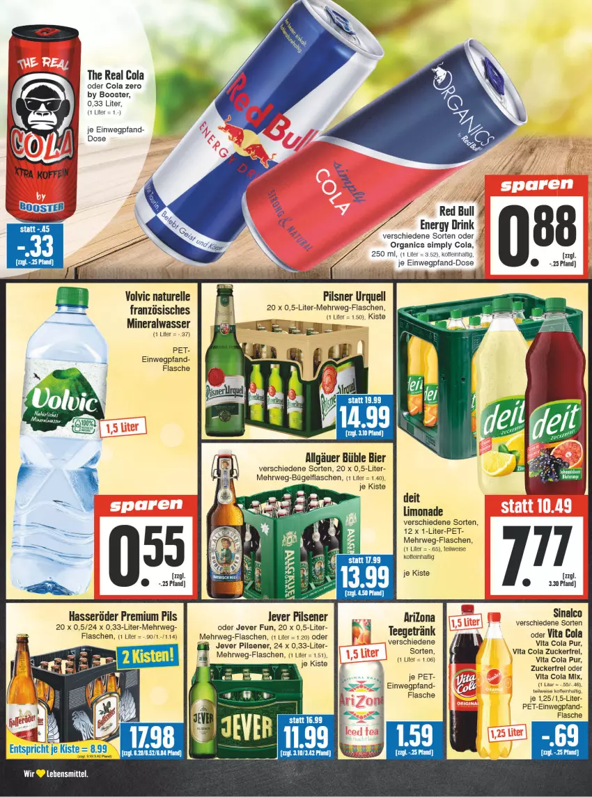 Aktueller Prospekt Edeka - Angebote der Woche - von 02.10 bis 07.10.2023 - strona 12 - produkty: Alwa, bier, bügel, bügelflasche, cola, deit, drink, eis, elle, energy drink, flasche, hasseröder, jever, jever pilsener, lebensmittel, LG, limo, limonade, Mett, mineralwasser, natur, pils, pilsener, pilsner, pilsner urquell, premium pils, red bull, rel, rwe, sim, sinalco, tee, Ti, vita, Vita C, volvic, wasser, Yo, zucker