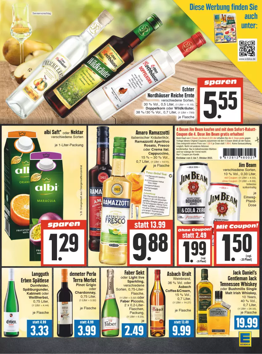 Aktueller Prospekt Edeka - Angebote der Woche - von 02.10 bis 07.10.2023 - strona 13 - produkty: amaro, aperitivo rosato, asbach uralt, bourbon, burgunder, Cap, cappuccino, chardonnay, cin, coupon, coupons, deka, dornfelder, eis, flasche, gin, irish whiskey, jack daniel, jack daniel's, kabinett, kentucky straight, kräuter, kräuterlikör, likör, merl, merlot, Nektar, perla, Pinot, pinot grigio, rama, ramazzott, ramazzotti, reis, rosato, saft, sekt, spätburgunder, tee, tennessee whiskey, Ti, tonic, tonic water, tuc, wein, weinbrand, whiskey, Wild, zott