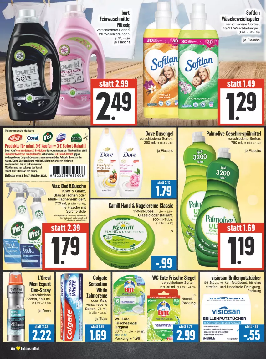 Aktueller Prospekt Edeka - Angebote der Woche - von 02.10 bis 07.10.2023 - strona 14 - produkty: Bad, balsam, bio, biozidprodukte, Brille, burti, colgate, coupon, coupons, creme, deo, dove, dusche, duschgel, eis, ente, feinwaschmittel, flasche, geschirr, geschirrspülmittel, gin, Gläser, HP, Kamill, kraft, l'oreal, lebensmittel, LG, olive, palmolive, Rauch, reifen, reiniger, Reinigung, rwe, Softlan, Sprühpistole, spülmittel, tee, Ti, tuc, tücher, Tucher, uhr, waschmittel, wc ente, weichspüler