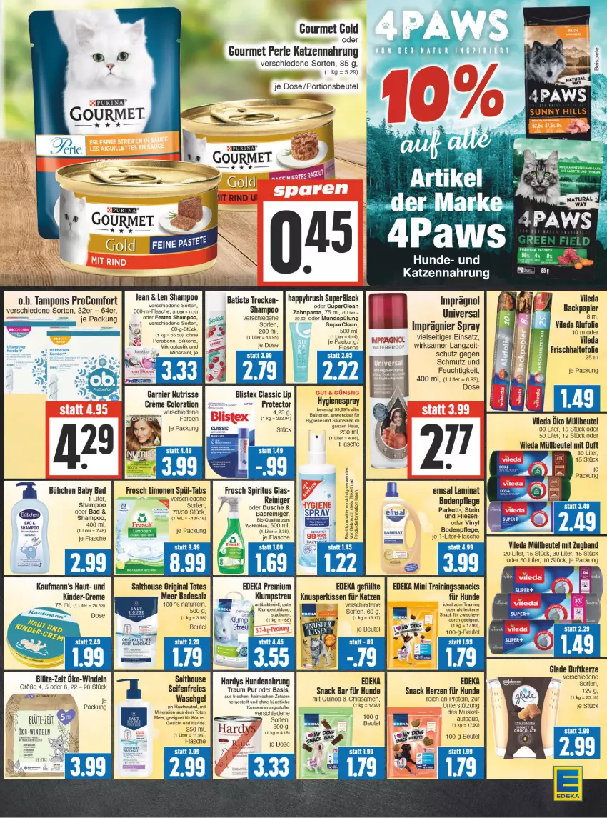 Aktueller Prospekt Edeka - Angebote der Woche - von 02.10 bis 07.10.2023 - strona 15 - produkty: asti, Bad, beutel, bio, Blüte, bübchen, chia, creme, deka, Duftkerze, eis, emsa, flasche, frischhaltefolie, Frosch, garnier, gin, Glade, gourmet gold, hundenahrung, je 1-liter-flasche, katzennahrung, kerze, Kinder, kissen, klumpstreu, lack, laminat, limo, limonen, müllbeutel, mundspülung, natur, natura, Nutrisse, O.b., papier, pasta, pastete, portionsbeutel, procomfort, quinoa, reiniger, reis, salz, Seife, shampoo, snack, snacks, spiritus, spülung, ssd, Tampon, tampons, Ti, vileda, waschgel, windeln, zahnpasta