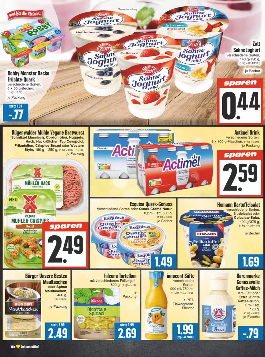 Aktueller Prospekt Edeka - Angebote der Woche - von 02.10 bis 07.10.2023 - strona 6 - produkty: actimel, actimel drink, bärenmarke, Becher, bratwurst, brezel, Coleslaw, cordon bleu, creme, dell, drink, eis, elle, exquisa, flasche, fleisch, frikadellen, frucht, früchte, fruchtfleisch, hilcona, homann, Innocent, joghur, joghurt, kaffee, kartoffel, kartoffelsalat, lebensmittel, maultaschen, milch, monster, natur, nudel, nudelsalat, nuggets, nuss, orange, quark, ricotta, robby, rügenwalder, rügenwalder mühle, säfte, sahne, sahne joghurt, salat, schnitzel, soja, spinat, Tasche, taschen, Ti, torte, tortelloni, Weste, wurst