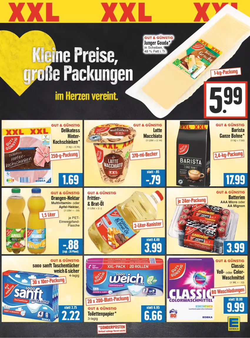 Aktueller Prospekt Edeka - Angebote der Woche - von 02.10 bis 07.10.2023 - strona 9 - produkty: ACC, apfel, Apfel-Nektar, batterie, batterien, bohne, chia, colorwaschmittel, eis, flasche, gouda, kochschinken, latte, leine, Leuchte, leuchten, LG, mac, macchiato, Nektar, orange, orangen, Orangen-Nektar, reis, schinken, Tasche, taschen, taschentücher, Ti, tücher, vita, waschmittel