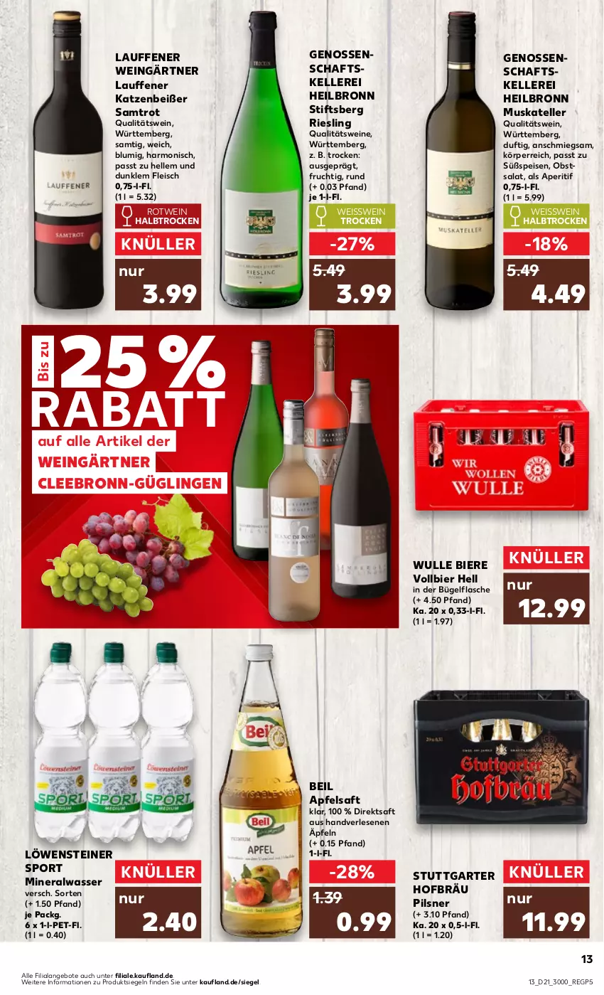 Aktueller Prospekt Kaufland - Prospekt - von 23.05 bis 29.05.2024 - strona 13 - produkty: Alwa, angebot, angebote, aperitif, apfel, apfelsaft, bier, Biere, bügel, bügelflasche, direktsaft, eis, elle, flasche, fleisch, frucht, mineralwasser, obst, pils, pilsner, qualitätswein, qualitätsweine, riesling, rotwein, saft, salat, Sport, steiner, teller, Ti, wasser, wein, weine