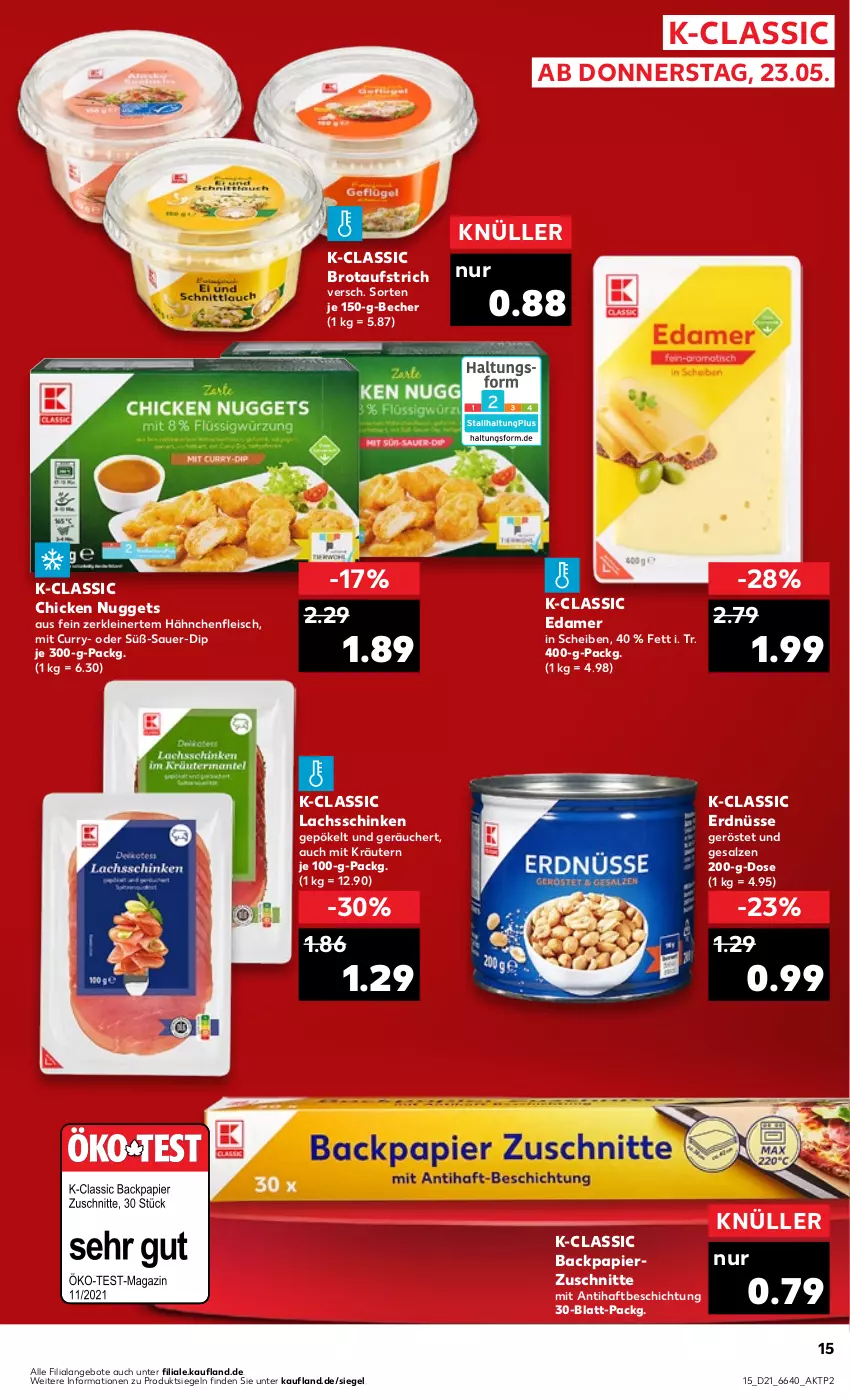 Aktueller Prospekt Kaufland - Prospekt - von 23.05 bis 29.05.2024 - strona 15 - produkty: angebot, angebote, auer, aufstrich, Becher, brot, brotaufstrich, chicken nuggets, curry, dip, edamer, eis, erdnüsse, fleisch, Hähnchenfleisch, kräuter, kräutern, lachs, lachsschinken, leine, nuggets, papier, salz, schinken, Ti