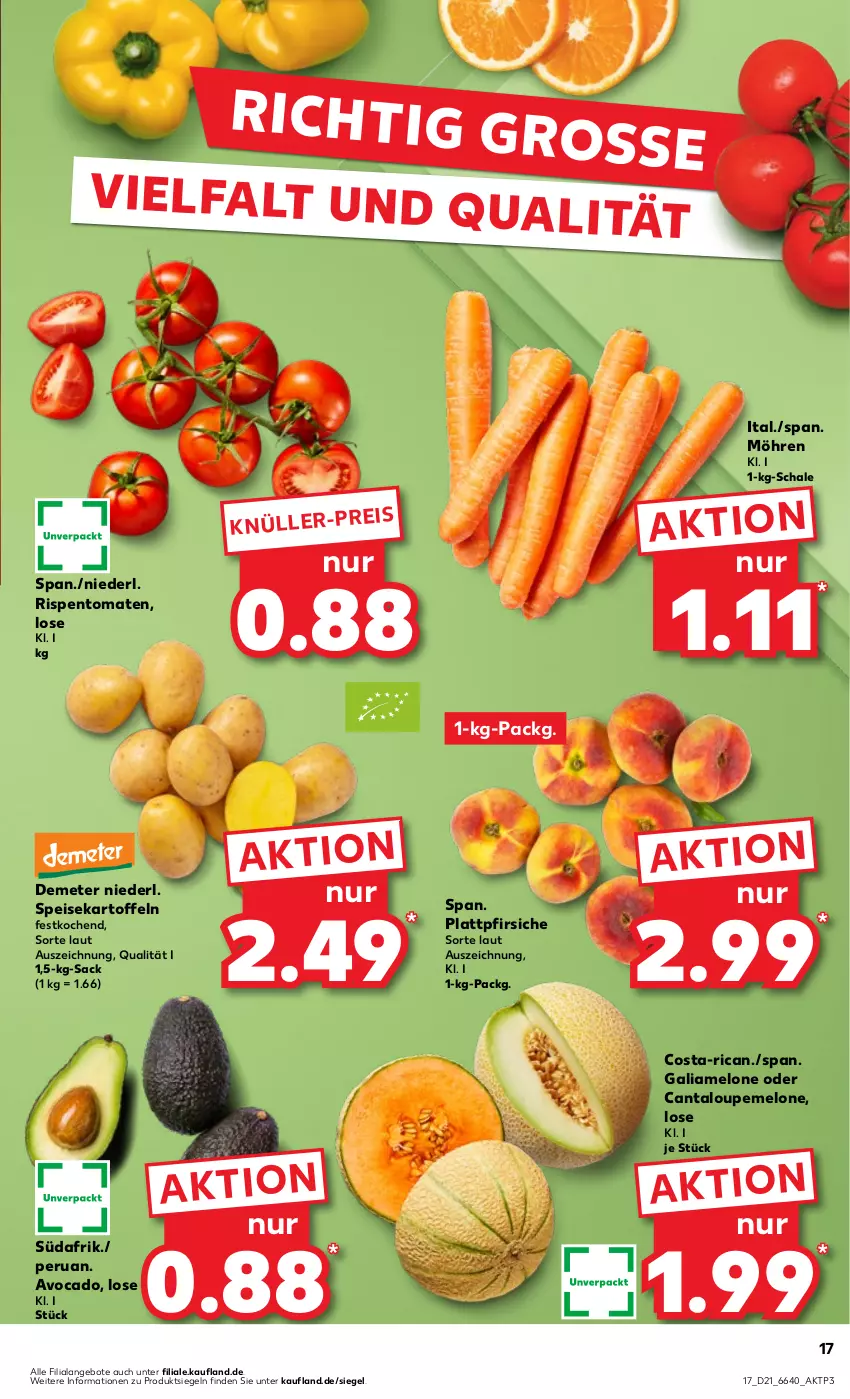 Aktueller Prospekt Kaufland - Prospekt - von 23.05 bis 29.05.2024 - strona 17 - produkty: angebot, angebote, avocado, eis, galiamelone, kartoffel, kartoffeln, melone, möhren, pfirsich, pfirsiche, plattpfirsiche, rispentomaten, sac, Schal, Schale, speisekartoffeln, Ti, tomate, tomaten