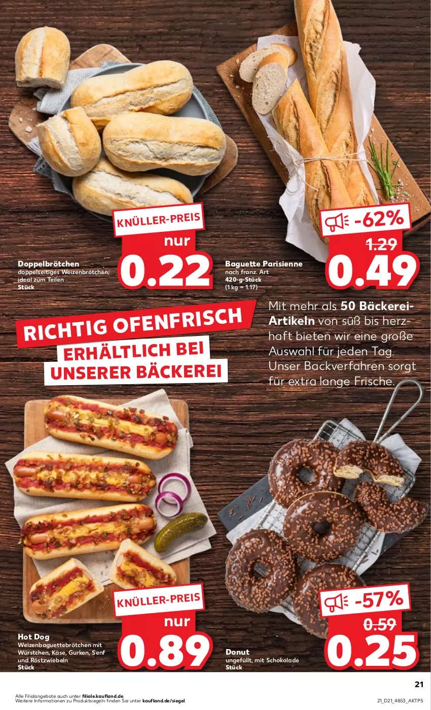 Aktueller Prospekt Kaufland - Prospekt - von 23.05 bis 29.05.2024 - strona 21 - produkty: angebot, angebote, baguette, brötchen, Donut, eis, gurke, gurken, hot dog, Käse, mit würstchen, röstzwiebeln, schoko, schokolade, senf, Ti, weizenbrötchen, würstchen, zwiebel, zwiebeln