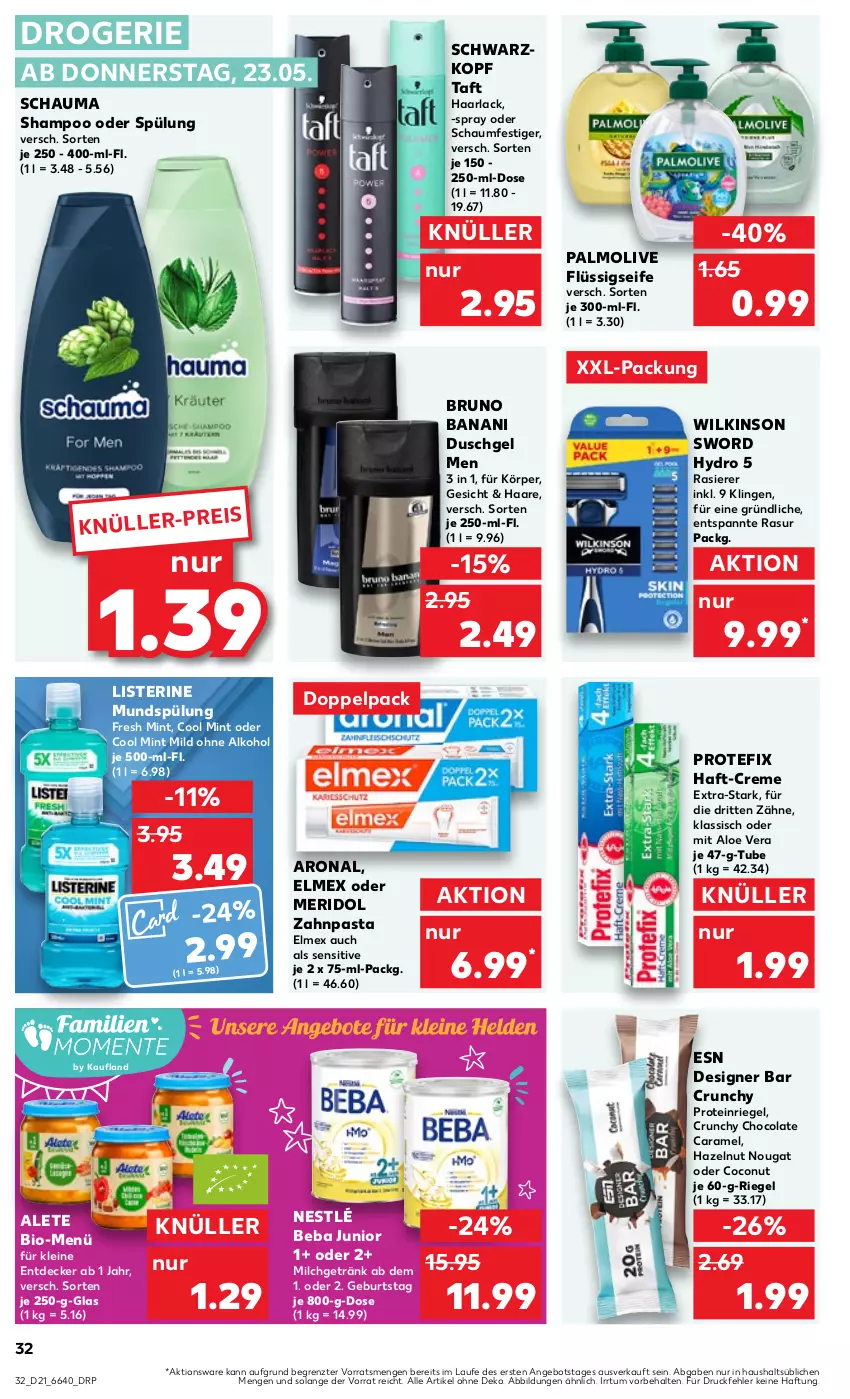 Aktueller Prospekt Kaufland - Prospekt - von 23.05 bis 29.05.2024 - strona 32 - produkty: alkohol, aloe vera, angebot, arla, Beba, bio, bruno banani, caramel, coconut, cola, creme, decke, duschgel, eis, elmex, flüssigseife, getränk, Haarlack, lack, leine, listerine, meridol, milch, mint, mundspülung, nestlé, oder schaumfestiger, ohne alkohol, olive, palmolive, pasta, rasierer, riegel, schauma, schauma shampoo, schaumfestiger, Seife, shampoo, shampoo oder spülung, spülung, Taft, Ti, wilkinson, xxl-packung, zahnpasta, ZTE