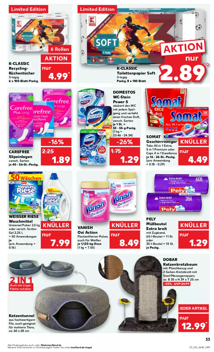 Aktueller Prospekt Kaufland - Prospekt - von 23.05 bis 29.05.2024 - strona 33 - produkty: angebot, angebote, Bau, beutel, Brei, Cap, carefree, Clin, domestos, eis, elle, fleckentferner, geschirr, Kratzbaum, küche, Küchen, küchentücher, LG, Liege, müllbeutel, oxi action, papier, pely, Plüsch, reiniger, slip, slipeinlagen, somat, Ti, Tiere, toilettenpapier, tücher, universal pulver, vanish, vanish oxi action, waschmittel, Weisser Riese