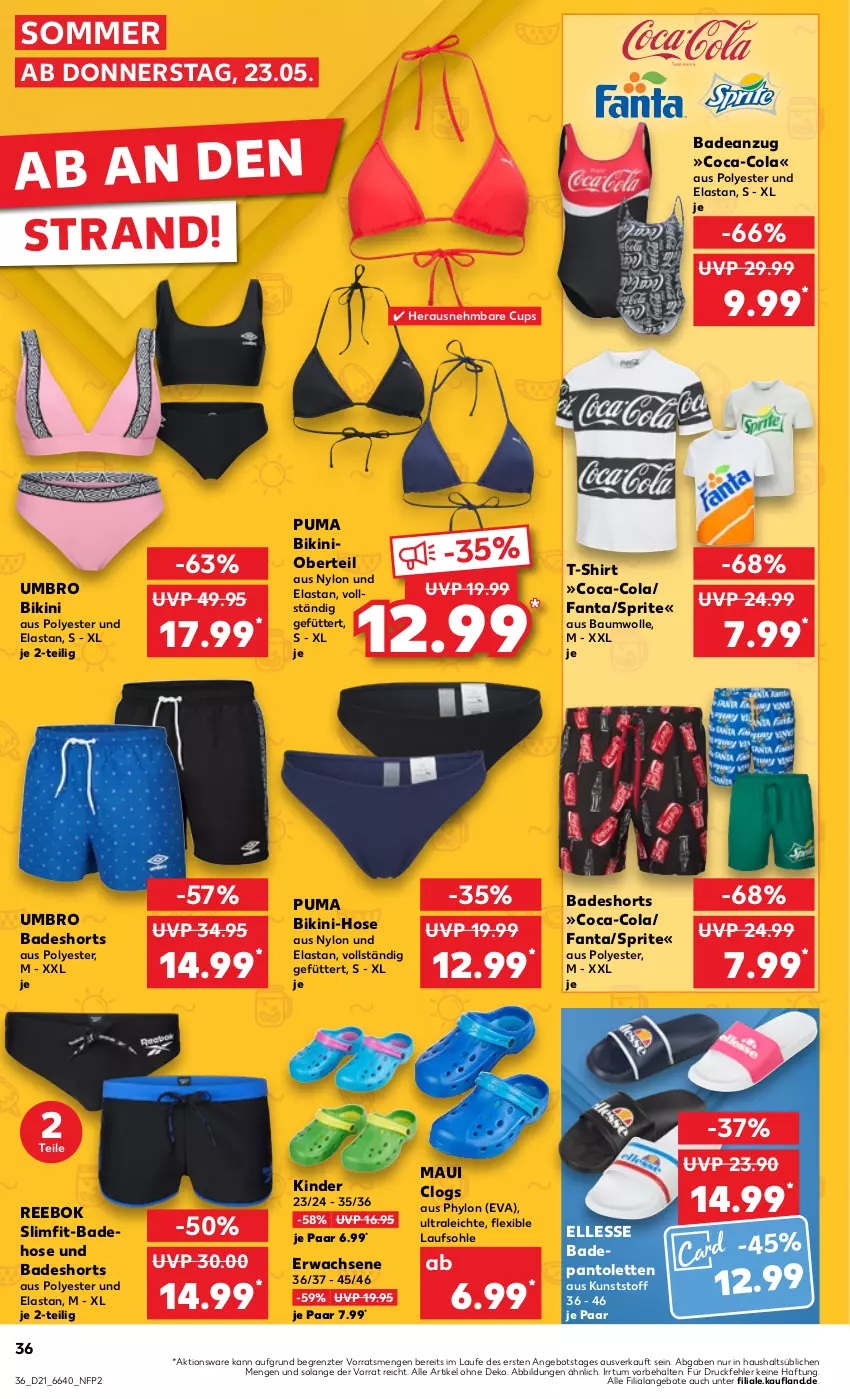 Aktueller Prospekt Kaufland - Prospekt - von 23.05 bis 29.05.2024 - strona 36 - produkty: angebot, angebote, Anzug, Bad, badeanzug, Badehose, badeshorts, Bau, baumwolle, bikini, Bikini-Hose, Clogs, coca-cola, cola, elle, fanta, hose, Hylo, Kinder, pantolette, pantoletten, puma, Reebok, shirt, shorts, sprite, T-Shirt, Ti, Umbro, wolle, ZTE