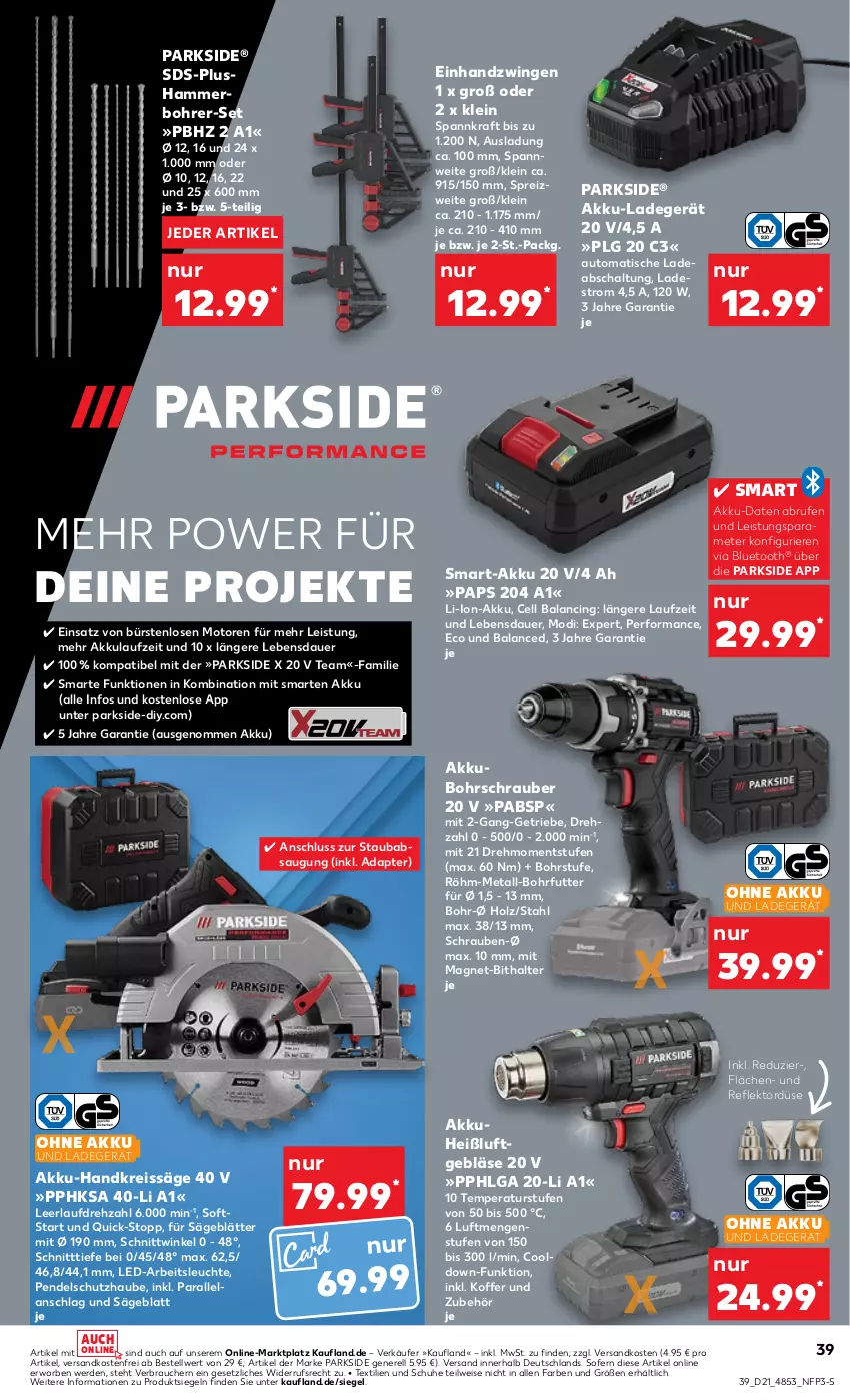 Aktueller Prospekt Kaufland - Prospekt - von 23.05 bis 29.05.2024 - strona 39 - produkty: adapter, akku, Akku-Handkreissäge, Arbeitsleuchte, auer, auto, Bohrer-Set, Bohrschrauber, Brufen, bürste, bürsten, cin, eis, Elan, erde, Handkreissäge, Holz, koffer, kraft, ladegerät, Leuchte, LG, li-ion-akku, ndk, ohne akku und ladegerät, Parkside, Rauch, reis, reiss, rel, säge, Schal, schrauben, schuhe, Ti, tisch, versandkostenfrei