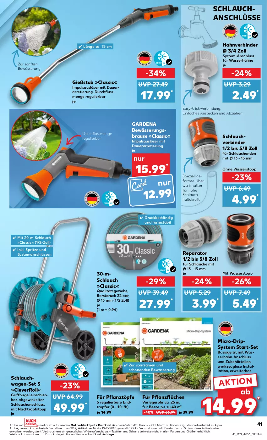 Aktueller Prospekt Kaufland - Prospekt - von 23.05 bis 29.05.2024 - strona 41 - produkty: auer, brause, bügel, eis, erde, gardena, kraft, ndk, Parkside, Rauch, rel, rwe, schlauch, schläuche, schlauchwagen, schuhe, Spezi, Ti, versandkostenfrei, wasser, werkzeug