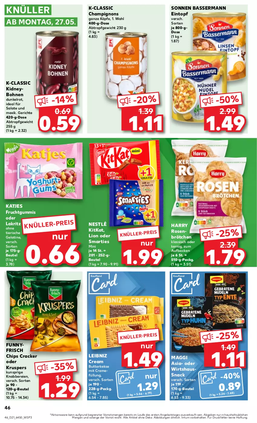 Aktueller Prospekt Kaufland - Prospekt - von 23.05 bis 29.05.2024 - strona 46 - produkty: angebot, beutel, bohne, bohnen, brötchen, butter, butterkeks, champignon, champignons, chips, cracker, creme, eintopf, eis, frucht, fruchtgummi, fruchtgummis, gelatine, katjes, keks, kekse, kidney, kitkat, Lakritz, leibniz, lion, maggi, nestlé, oder lakritz, rosen, salat, salate, smarties, snack, Ti, topf, ZTE