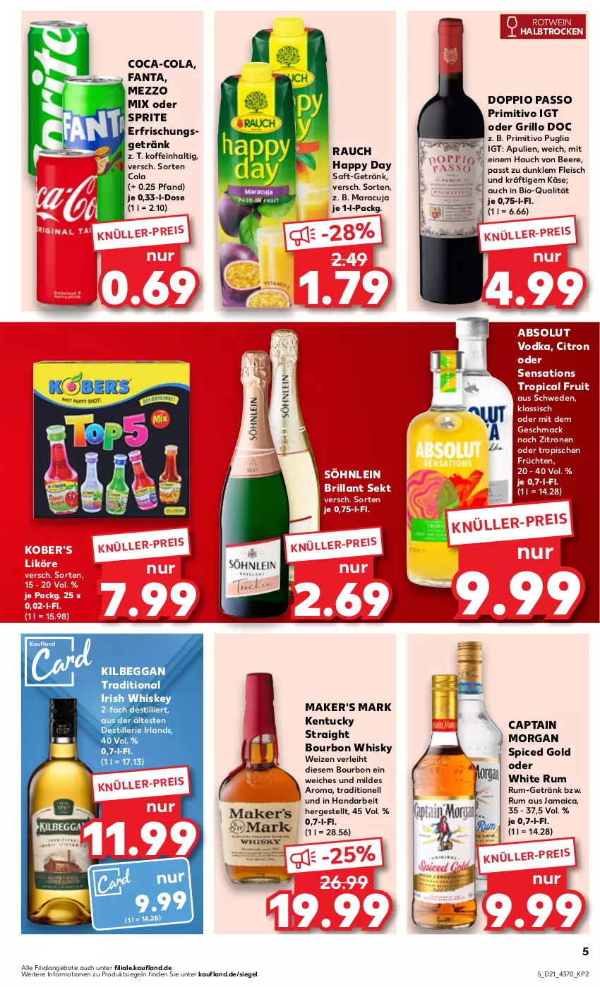 Aktueller Prospekt Kaufland - Prospekt - von 23.05 bis 29.05.2024 - strona 5 - produkty: Absolut Vodka, angebot, angebote, beere, bio, bourbon, brillant sekt, Cap, captain morgan, coca-cola, cola, doppio passo, eis, erfrischungsgetränk, fanta, fleisch, früchte, früchten, getränk, grill, grillo, Happy Day, irish whiskey, Käse, kentucky straight, kilbeggan, likör, mac, maracuja, Mezzo Mix, oder sprite, passo, primitivo, Rauch, rotwein, rum, saft, sekt, sensations, söhnlein, söhnlein brillant, sprite, Ti, tuc, vodka, wein, whiskey, whisky, white rum, zitrone, zitronen