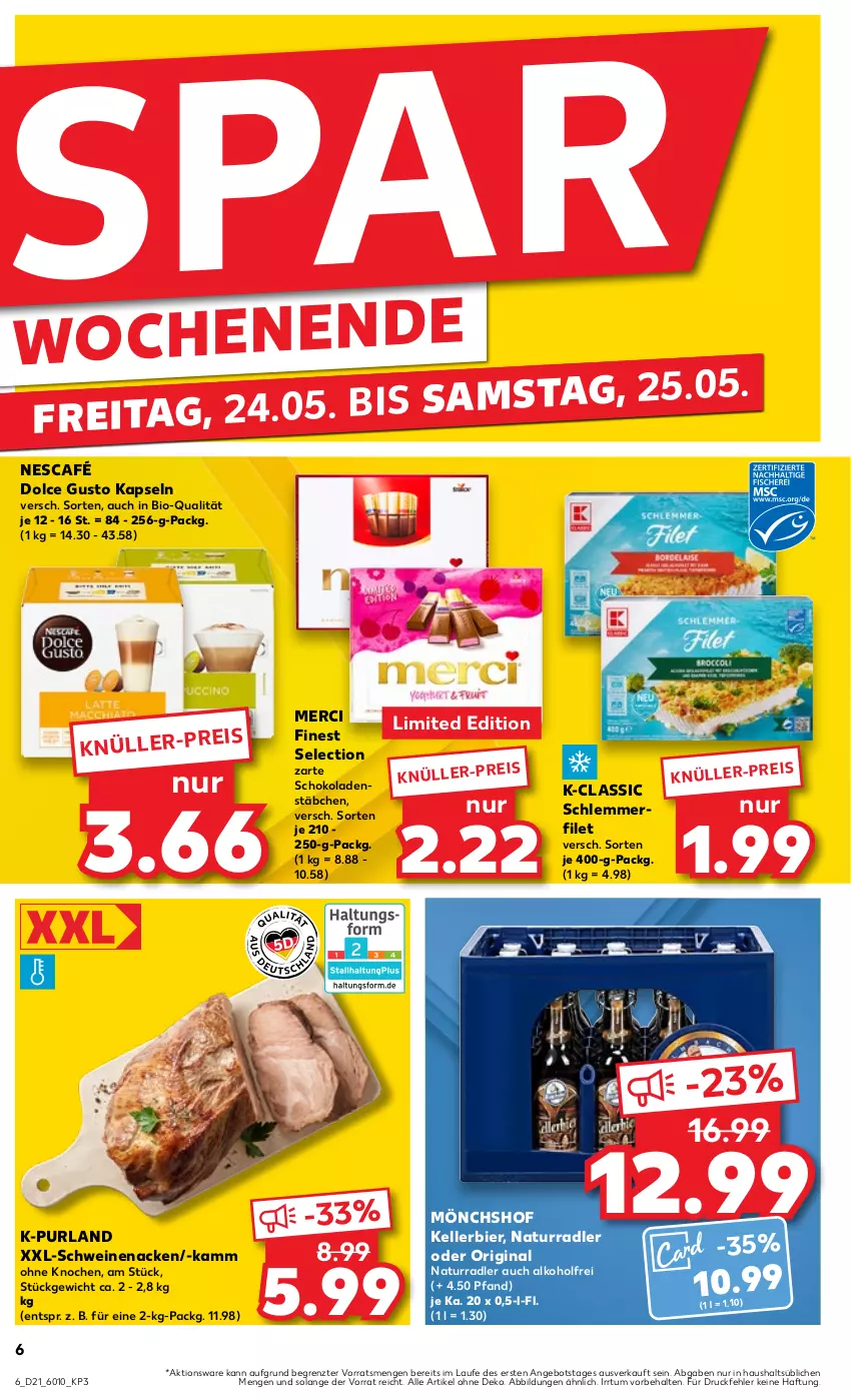 Aktueller Prospekt Kaufland - Prospekt - von 23.05 bis 29.05.2024 - strona 6 - produkty: alkohol, angebot, bier, bio, dolce gusto, eis, elle, filet, gin, kellerbier, merci, mönchshof, natur, Nescafé, purland, radler, schlemmerfilet, schoko, schokolade, schokoladen, schwein, schweine, schweinenacken, Ti, wein, weine, ZTE