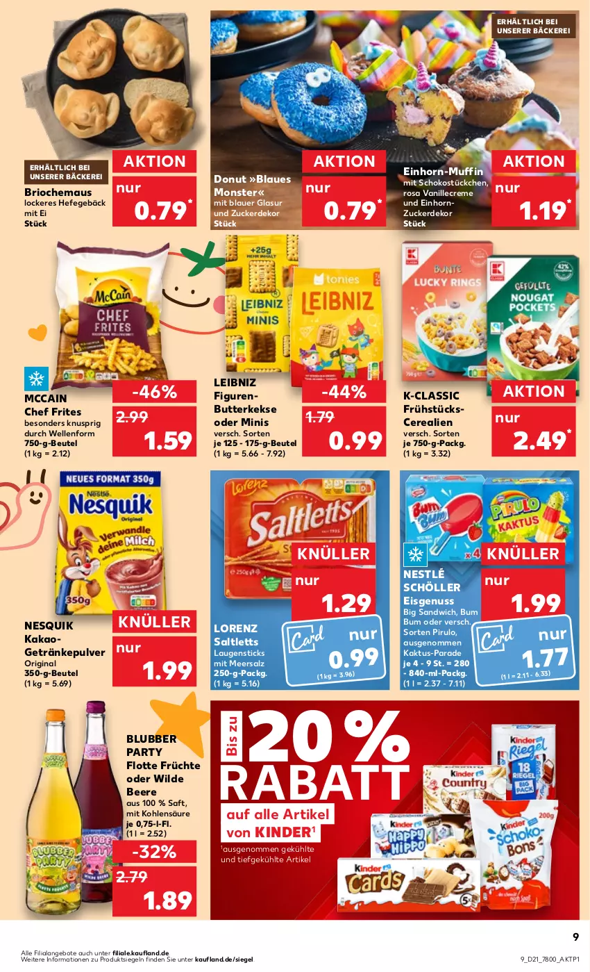 Aktueller Prospekt Kaufland - Prospekt - von 23.05 bis 29.05.2024 - strona 9 - produkty: angebot, angebote, auer, beere, beutel, butter, butterkeks, cerealien, creme, Donut, eis, elle, erde, früchte, getränk, getränke, getränkepulver, gin, Hefe, kakao, keks, kekse, Kinder, leibniz, lorenz, Maus, mccain, meersalz, monster, Muffin, nesquik, nestlé, nestlé schöller, nuss, saft, saltletts, salz, sandwich, schoko, Schöller, Ti, vanille, Wild, zucker