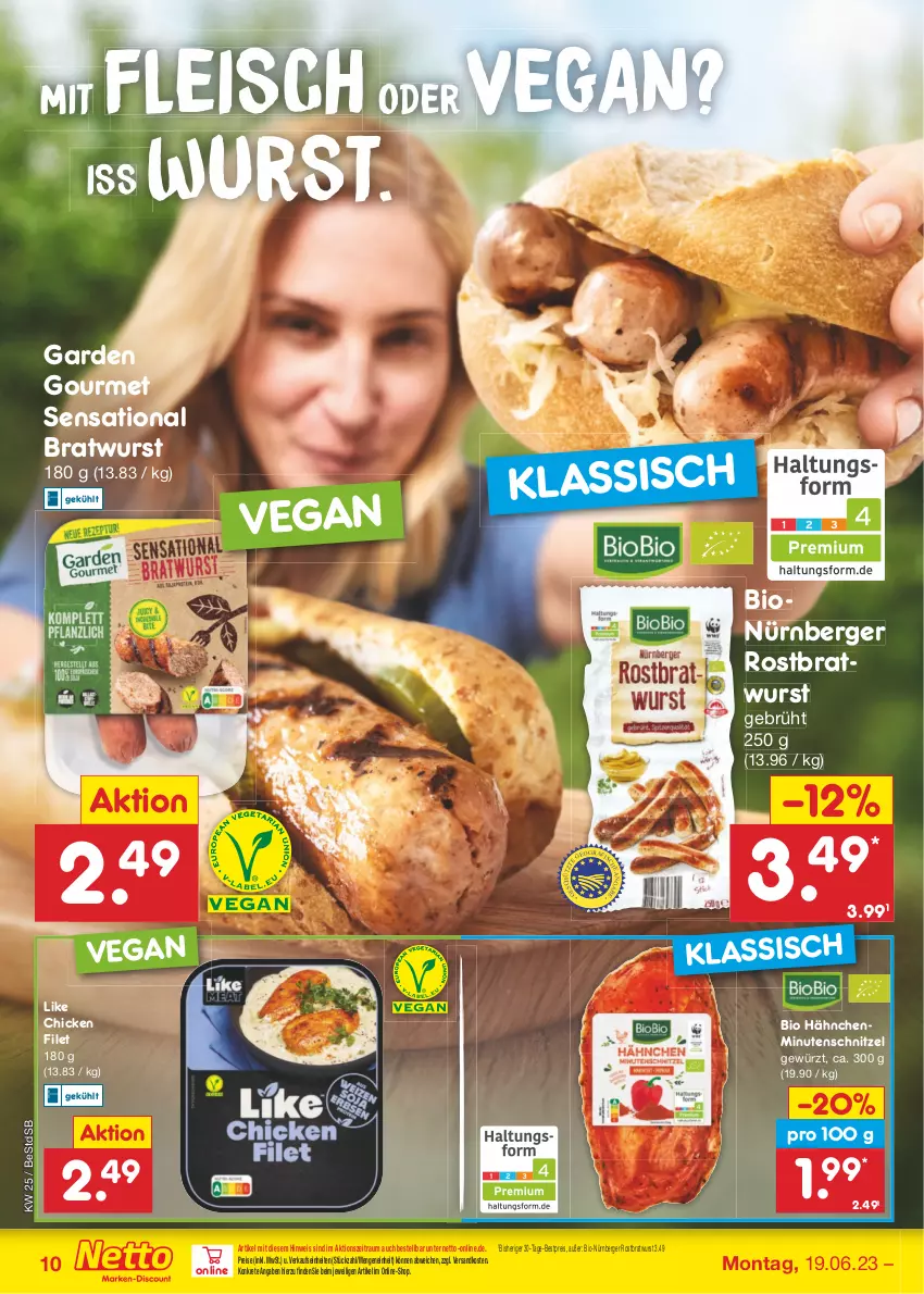 Aktueller Prospekt Netto Marken-Discount - Filial-Angebote - von 19.06 bis 24.06.2023 - strona 10 - produkty: Berger, bestpreis, bio, bratwurst, eis, filet, fleisch, garden gourmet, gewürz, minutenschnitzel, ndk, nürnberger, reis, rostbratwurst, schnitzel, Ti, wurst, ZTE