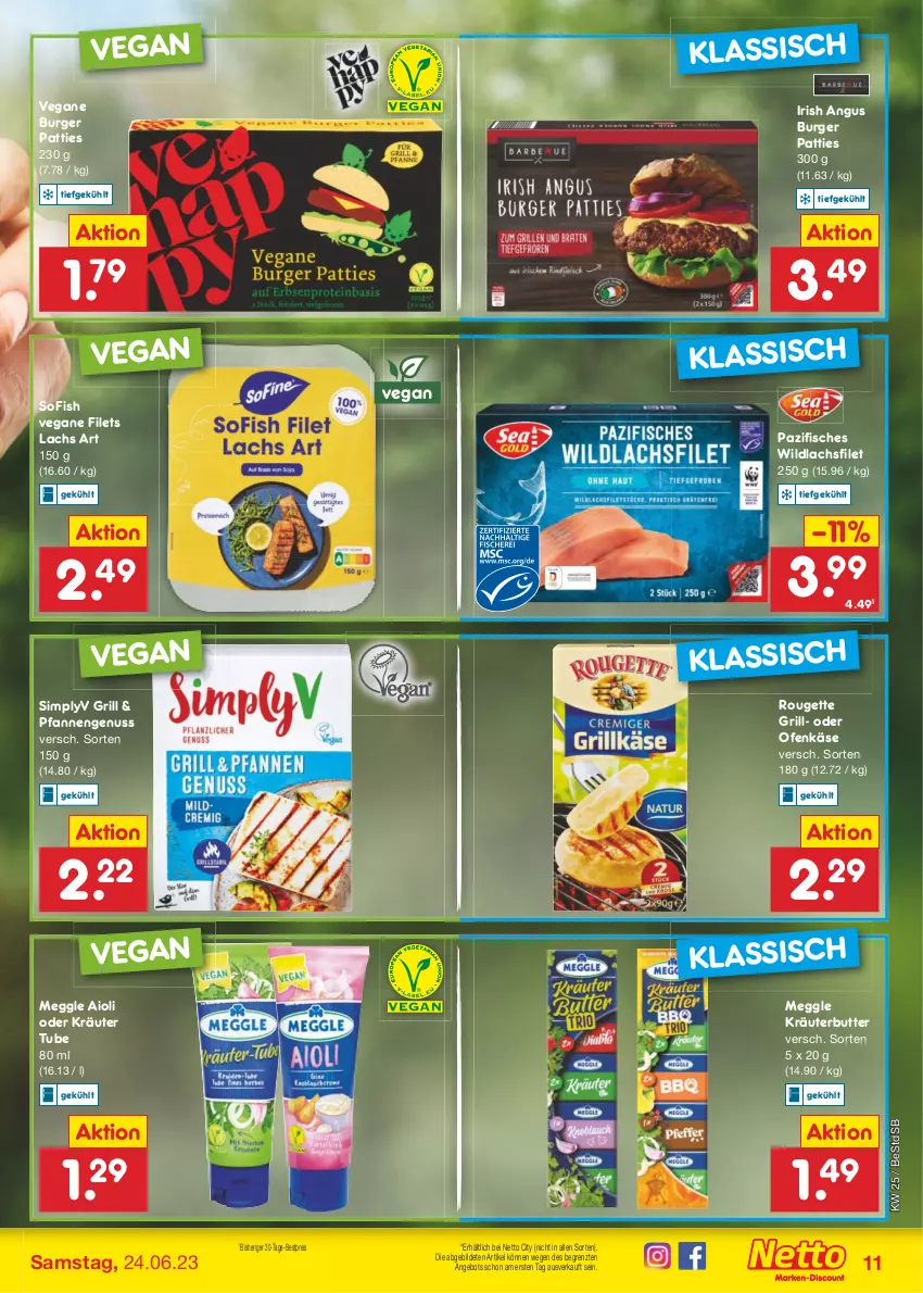 Aktueller Prospekt Netto Marken-Discount - Filial-Angebote - von 19.06 bis 24.06.2023 - strona 11 - produkty: aioli, angebot, bestpreis, burger, butter, eis, filet, filets, fisch, fische, grill, Käse, kräuter, kräuterbutter, lachs, lachsfilet, meggle, nuss, oder kräuter, Ofen, Ofenkäse, pfanne, pfannen, reis, rouge, rougette, sim, Ti, Wild, wildlachs, ZTE