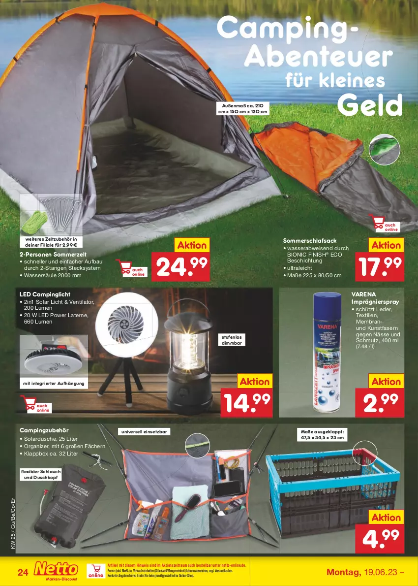 Aktueller Prospekt Netto Marken-Discount - Filial-Angebote - von 19.06 bis 24.06.2023 - strona 24 - produkty: Bau, bio, dusche, eis, elle, ente, Finish, Klappbox, laterne, leine, ndk, reis, sac, schlafsack, schlauch, Ti, ventilator, wasser, Zelt