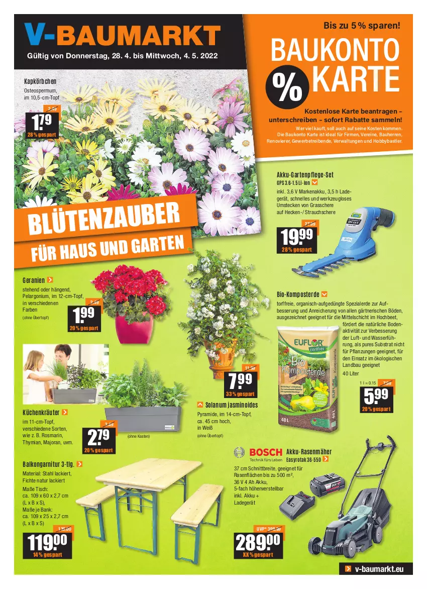 Aktueller Prospekt Vmarkt - V-Baumarkt - von 28.04 bis 04.05.2022 - strona 1 - produkty: akku, akku-rasenmäher, Bank, Bau, bio, Blüte, Brei, elle, erde, garnitur, Garten, geranie, geranien, GPS, Grasschere, Hobby, Komposter, Körbchen, kräuter, küche, Küchen, lack, ladegerät, LG, natur, Pelargonium, rasen, rasenmäher, Rauch, Ria, rosmarin, Schere, senf, Spezi, Strauchschere, Ti, tisch, topf, übertopf, wasser, werkzeug