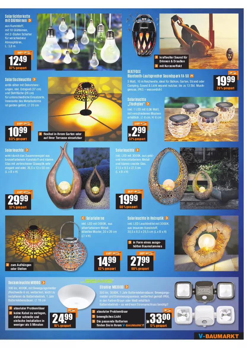 Aktueller Prospekt Vmarkt - V-Baumarkt - von 28.04 bis 04.05.2022 - strona 5 - produkty: arla, auer, batterie, batterien, Bau, Birnen, bluetooth-lautsprecher, braun, decke, deckenleuchte, elle, Garten, Holz, kerze, Kette, laterne, lautsprecher, Leuchte, leuchtmittel, lichterkette, nuss, Schal, solarleuchte, Ti, tisch, tischleuchte, wasser