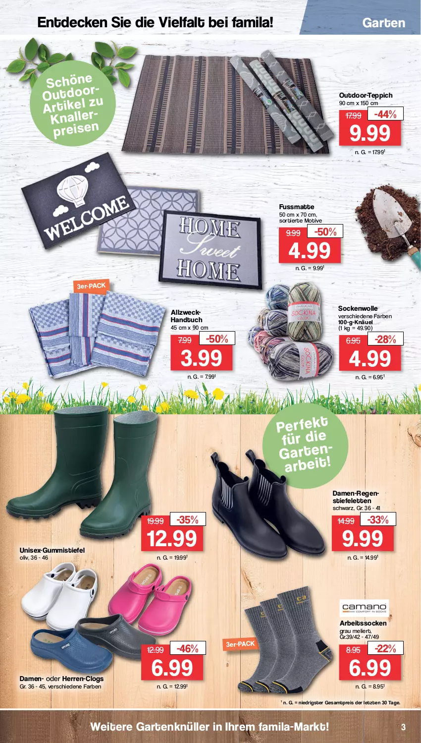 Aktueller Prospekt Famila - Prospekte - von 06.02 bis 11.02.2023 - strona 3 - produkty: Arbeitssocken, Clogs, decke, eis, Garten, Gummistiefel, handtuch, Outdoor-Teppich, reis, socken, Stiefeletten, teppich, Ti, tuc, weck, wolle, ZTE