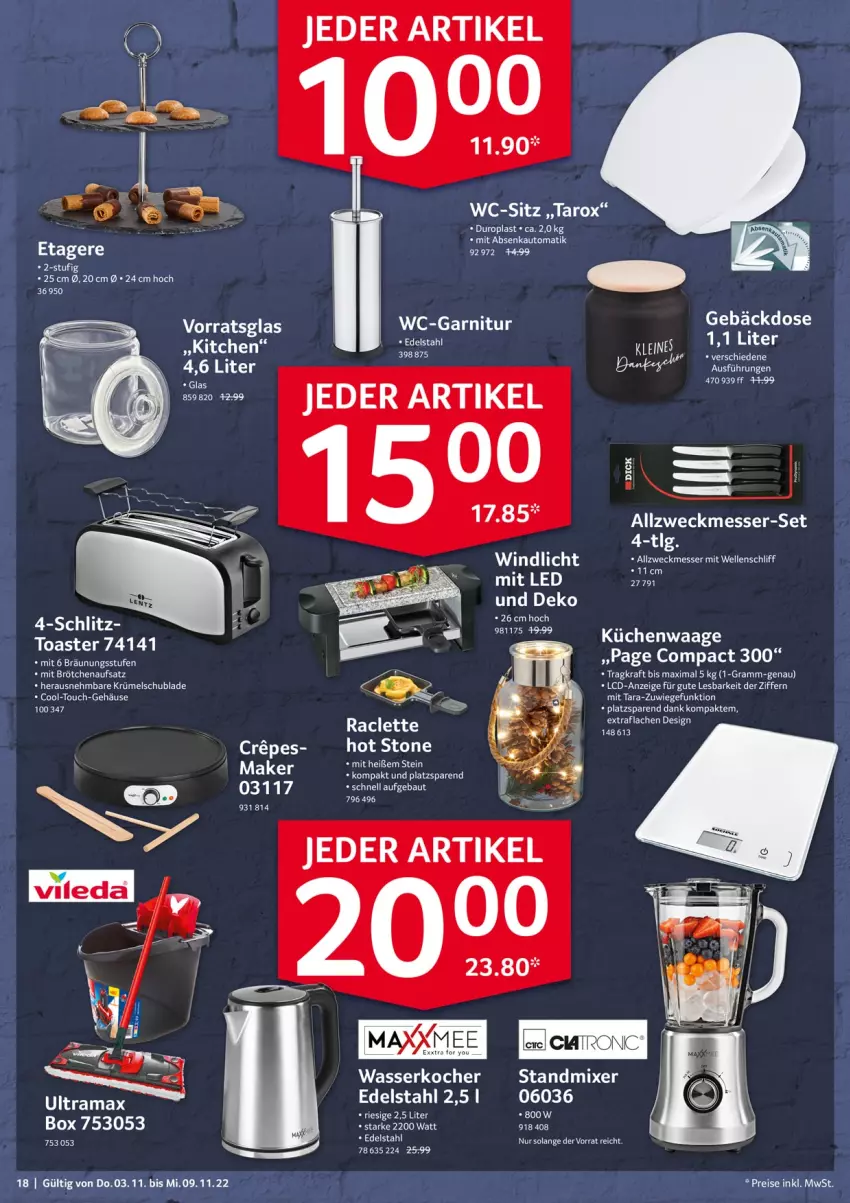 Aktueller Prospekt Selgros - Non Food - von 03.11 bis 09.11.2022 - strona 18 - produkty: auto, Bau, brötchen, brötchenaufsatz, edelstahl, garnitur, gefu, Kocher, kraft, küche, Küchen, Küchenwaage, LG, messer, Mixer, standmixer, Ti, toast, toaster, Waage, wasser, wasserkocher, wc-garnitur, wc-sitz, weck, windlicht