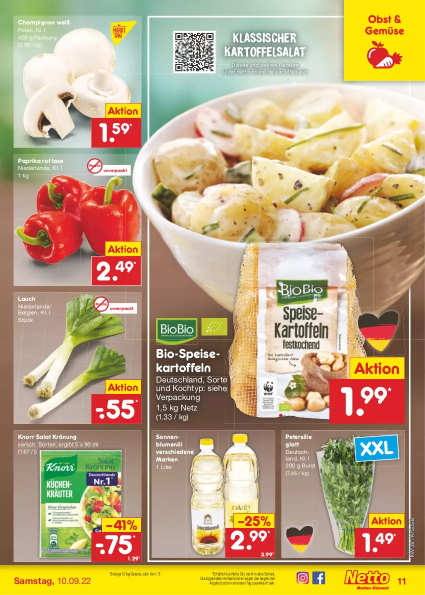 Aktueller Prospekt Netto Marken-Discount - Filial-Angebote - von 05.09 bis 10.09.2022 - strona 11 - produkty: angebot, asti, bestpreis, bio, blume, blumen, blumenöl, champignon, eis, kartoffel, kartoffeln, kartoffelsalat, knorr, LG, obst, paprika, paprika rot, petersilie, reis, rezept, rezepte, salat, sonnenblume, sonnenblumen, sonnenblumenöl, speisekartoffeln, Ti, usb, ZTE