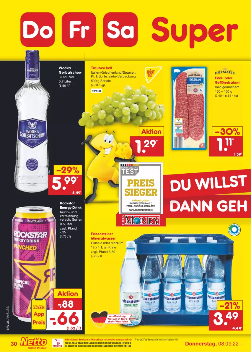 Aktueller Prospekt Netto Marken-Discount - Filial-Angebote - von 05.09 bis 10.09.2022 - strona 30 - produkty: Alwa, bestpreis, drink, eis, energy drink, Geflügel, Gorbatschow, mineralwasser, Mineralwasser Classic, ndk, reis, Rockstar, salami, Schal, Schale, steiner, Ti, trauben, usb, versandkostenfrei, wasser, wodka