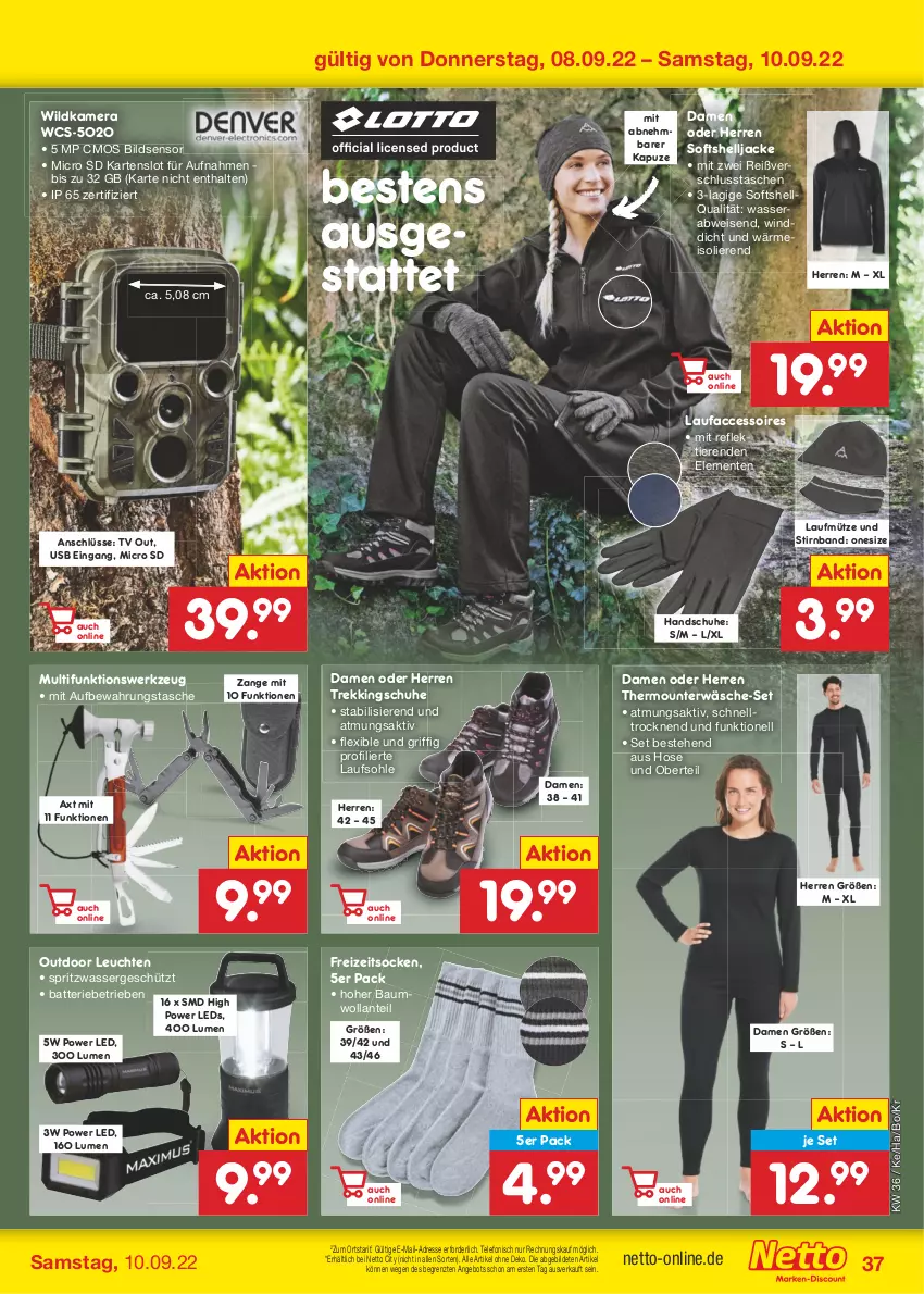 Aktueller Prospekt Netto Marken-Discount - Filial-Angebote - von 05.09 bis 10.09.2022 - strona 37 - produkty: ACC, accessoires, angebot, aufbewahrungstasche, batterie, Bau, eis, ente, Freizeitsocken, handschuhe, hose, Jacke, kamera, leds, Leuchte, leuchten, Mütze, schuhe, socken, Tasche, taschen, telefon, Thermounterwäsche, Ti, Tiere, Trekkingschuh, Trekkingschuhe, Unterwäsche, usb, wasser, werkzeug, Wild, Wildkamera, ZTE