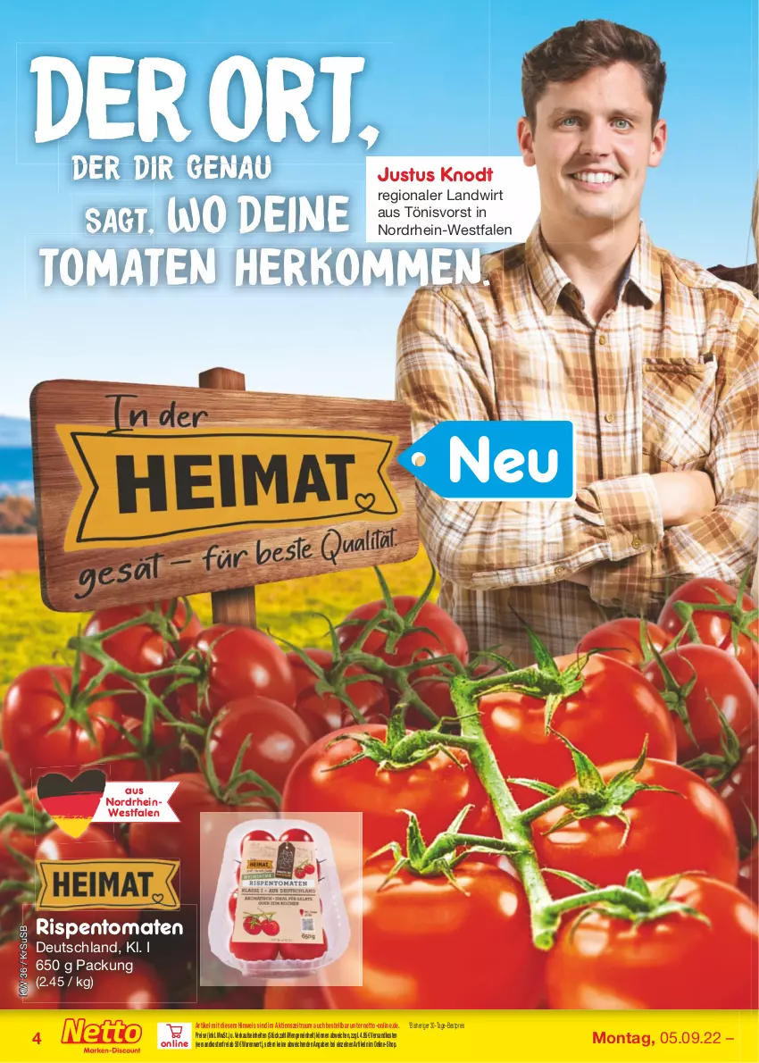 Aktueller Prospekt Netto Marken-Discount - Filial-Angebote - von 05.09 bis 10.09.2022 - strona 4 - produkty: bestpreis, eis, ndk, reis, rispentomaten, Ti, tomate, tomaten, usb, versandkostenfrei