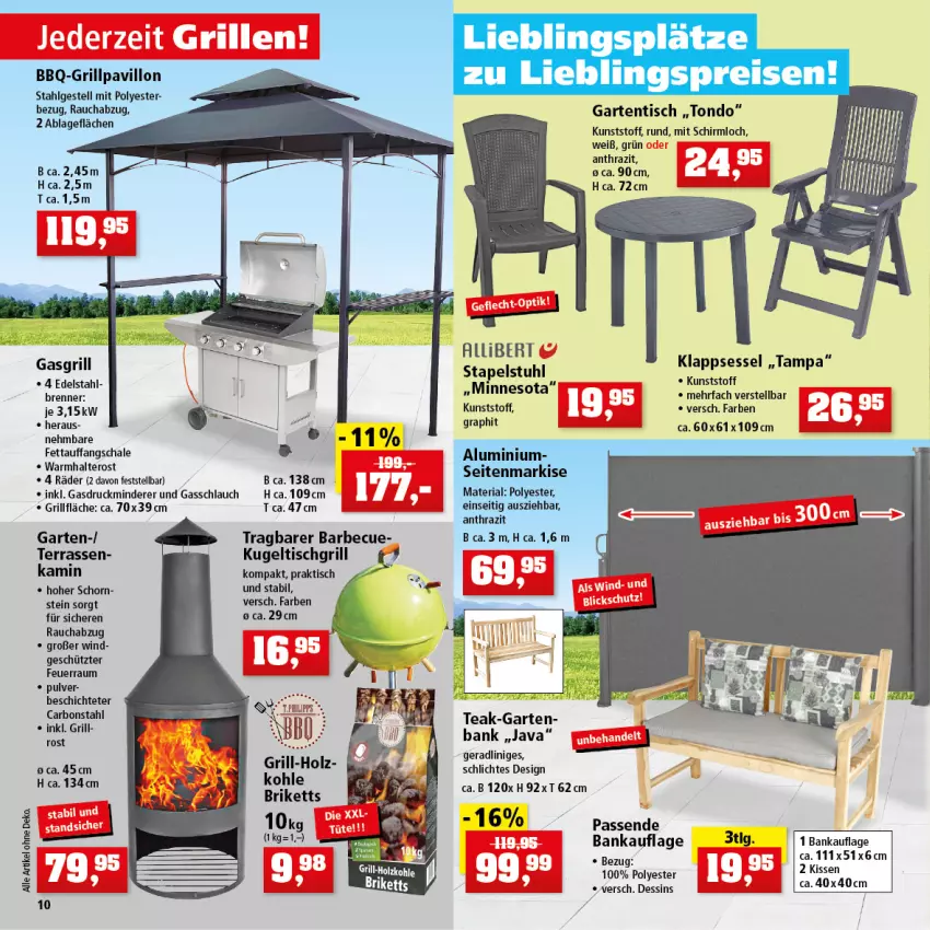 Aktueller Prospekt Thomas Philipps - Prospektwerbung - von 02.05 bis 07.05.2022 - strona 10 - produkty: allibert, Bank, barbecue, briketts, edelstahl, eis, Garten, gartentisch, gasgrill, grill, grillfläche, Grillpavillon, Holz, Kamin, kissen, klappsessel, Kugel, LG, pavillon, Rauch, reis, Ria, Schal, Schale, schlauch, sessel, stapelstuhl, stuhl, Ti, tisch, tischgrill, ZTE