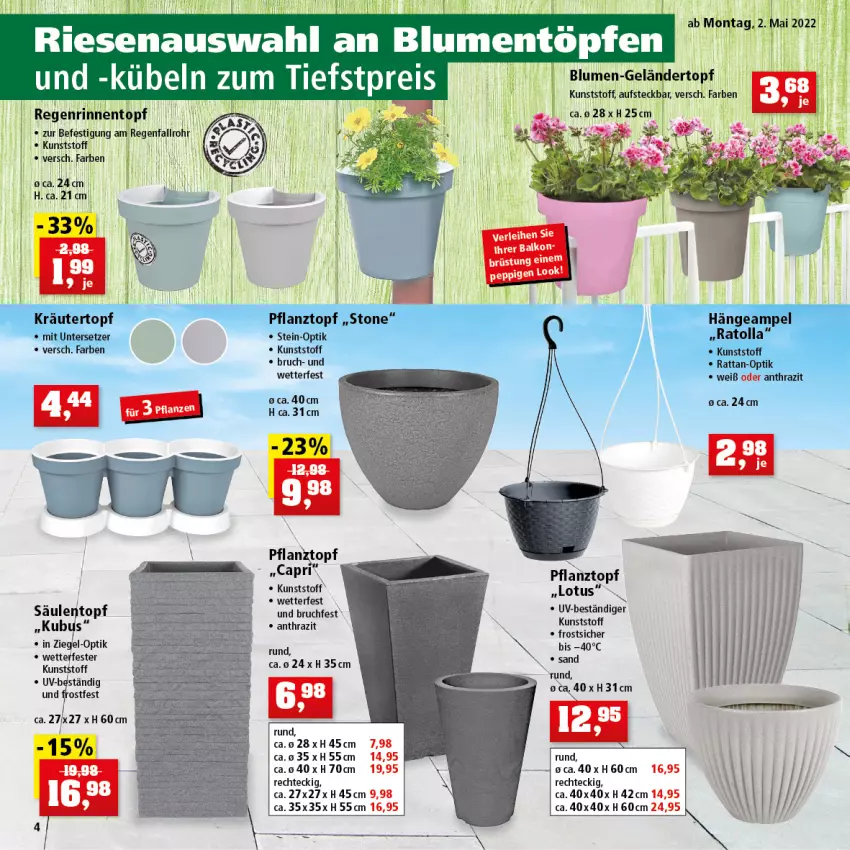 Aktueller Prospekt Thomas Philipps - Prospektwerbung - von 02.05 bis 07.05.2022 - strona 4 - produkty: blume, blumen, Cap, Hängeampel, kräuter, Pflanztopf, Ti, topf, Untersetzer, Yo