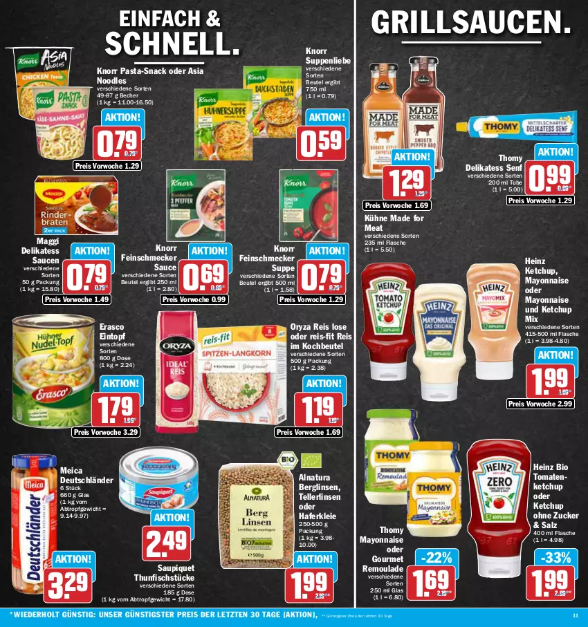 Aktueller Prospekt Aez - Prospekte - von 12.06 bis 17.06.2023 - strona 11 - produkty: Becher, beutel, bio, delikatess sauce, delikatess senf, eintopf, eis, elle, erasco, feinschmecker, fisch, flasche, grill, grillsauce, hafer, heinz, ketchup, knorr, knorr pasta, kochbeutel, Kühne, linsen, maggi, mayonnaise, meica, natur, natura, oryza, pasta, reis, reis-fit, remoulade, salz, sauce, saucen, saupiquet, senf, snack, suppe, suppen, suppenliebe, teller, thomy, thunfisch, Ti, tomate, tomaten, tomatenketchup, topf, Yo, ZTE, zucker