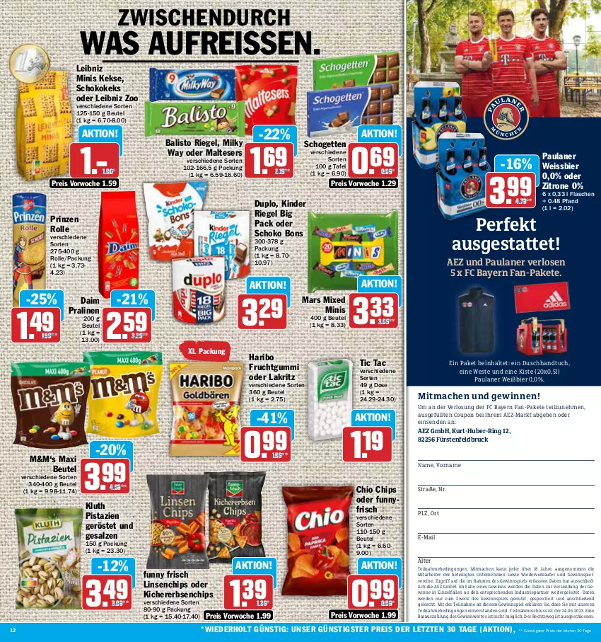 Aktueller Prospekt Aez - Prospekte - von 12.06 bis 17.06.2023 - strona 12 - produkty: AEZ, balisto, beutel, bier, chio chips, chips, coupon, daim, duplo, eis, erbsen, erde, flasche, frucht, fruchtgummi, Funny Frisch, gewinnspiel, handtuch, haribo, keks, kekse, kichererbsen, Kinder, kinder riegel, Lakritz, leibniz, linsen, mac, malteser, mars, milky way, oder lakritz, Paula, paulaner, pistazien, pralinen, prinzen rolle, reis, reiss, riegel, ring, salz, schogetten, schoko, Ti, tuc, weck, weissbier, Weste, zitrone, ZTE