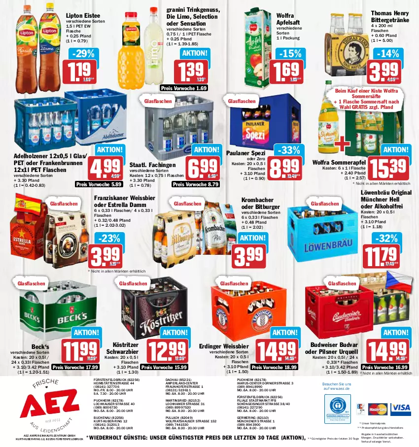 Aktueller Prospekt Aez - Prospekte - von 12.06 bis 17.06.2023 - strona 16 - produkty: adelholzener, AEZ, alkohol, apfel, apfelsaft, bier, bitburger, brunnen, buch, budweiser, burger, drucker, eis, eistee, elle, Engel, ente, erdinger, Estrella Damm, fisch, flasche, franziskaner, Germ, getränk, getränke, gin, glasflasche, granini, Holz, kerze, köstritzer, krombache, krombacher, limo, lipton, nuss, Paula, paulaner, perla, pils, pilsner, pilsner urquell, reis, rel, ring, rum, saft, säfte, Spezi, Staatl. Fachingen, tee, teller, thomas henry, Ti, uhr, weissbier, ZTE