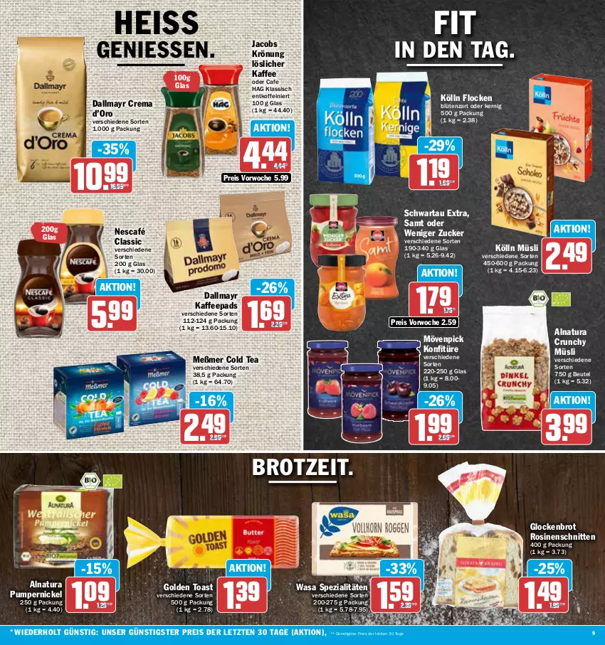 Aktueller Prospekt Aez - Prospekte - von 12.06 bis 17.06.2023 - strona 9 - produkty: beutel, Blüte, brot, dallmayr, eis, golden toast, jacobs, jacobs krönung, kaffee, kaffeepads, kölln, konfitüre, löslicher kaffee, Meßmer, mövenpick, müsli, natur, natura, Nescafé, Pumpernickel, reis, schnitten, Schwartau, Spezi, Ti, toast, wasa, ZTE, zucker