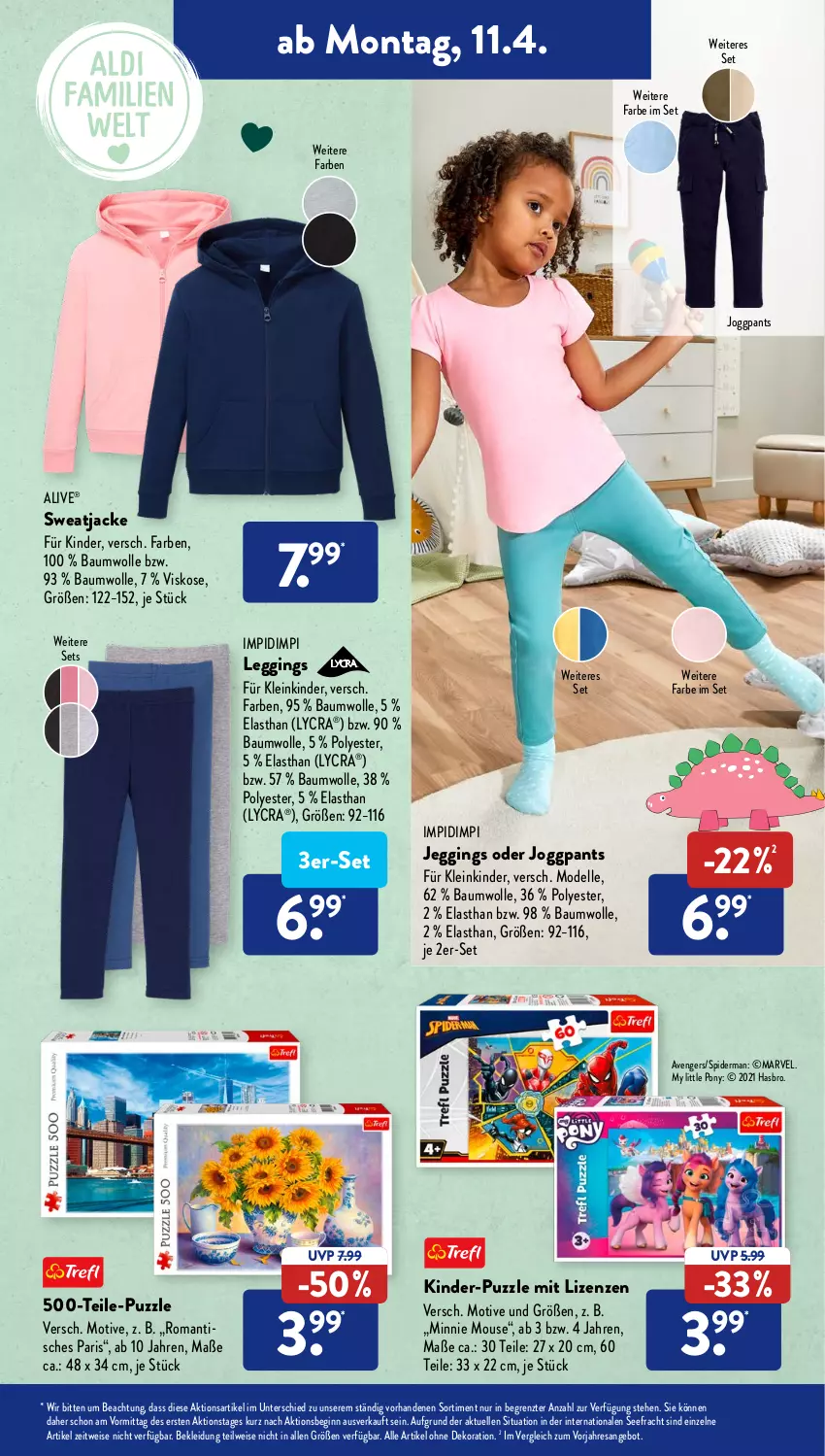 Aktueller Prospekt AldiSud - ALDI Aktuell - von 11.04 bis 16.04.2022 - strona 15 - produkty: alle artikel ohne dekoration, angebot, Bau, baumwolle, dekoration, dell, eis, elle, gin, Hasbro, Jacke, Kinder, kleid, Kleidung, Mode, Pants, Puzzle, resa, sweatjacke, Ti, tisch, wolle, ZTE