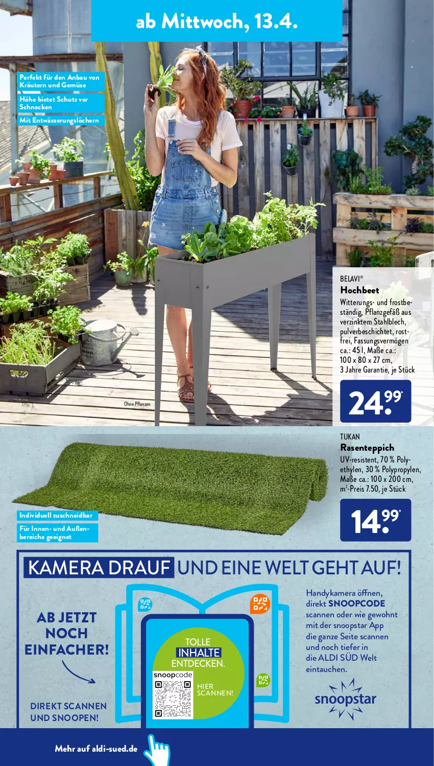 Aktueller Prospekt AldiSud - ALDI Aktuell - von 11.04 bis 16.04.2022 - strona 26 - produkty: aldi, Bau, decke, eis, ente, Handy, kamera, kräuter, kräutern, pflanze, pflanzen, rasen, reis, teppich, Ti, und gemüse