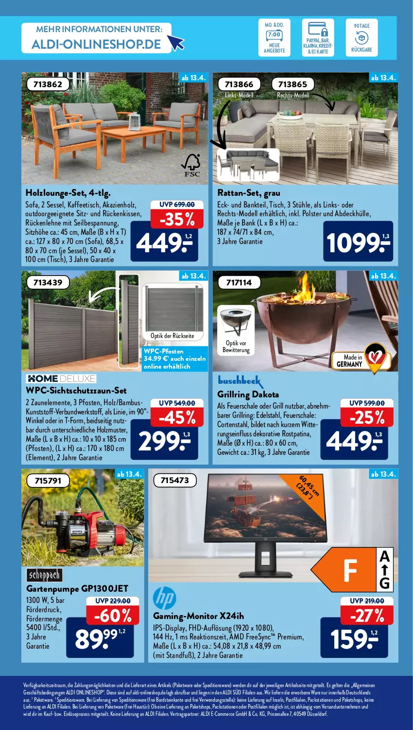 Aktueller Prospekt AldiSud - ALDI Aktuell - von 11.04 bis 16.04.2022 - strona 35 - produkty: aldi, angebot, angebote, aust, bambus, Bank, dell, edelstahl, elle, ente, erde, feuerschale, Garten, Gartenpumpe, grill, Holz, ips-display, kaffee, kissen, LG, Liege, lounge-set, Mode, monitor, ring, Rückenkissen, rückenlehne, rwe, Schal, Schale, sessel, Sitzhöhe, Sofa, Stühl, Ti, tisch