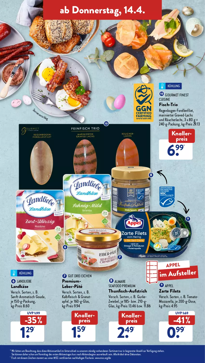 Aktueller Prospekt AldiSud - ALDI Aktuell - von 11.04 bis 16.04.2022 - strona 39 - produkty: alle artikel ohne dekoration, almare, apfel, aufstrich, dekoration, eis, elle, filet, filets, fisch, fische, Fischer, fleisch, forelle, gin, gouda, grana, granatapfel, gurke, Kalbfleisch, Käse, knallerpreis, lachs, landkäse, landliebe, mozzarella, ndk, Rana, Räucherlachs, reis, rel, Schere, teller, thunfisch, Ti, tisch, tomate, ZTE, zwiebel