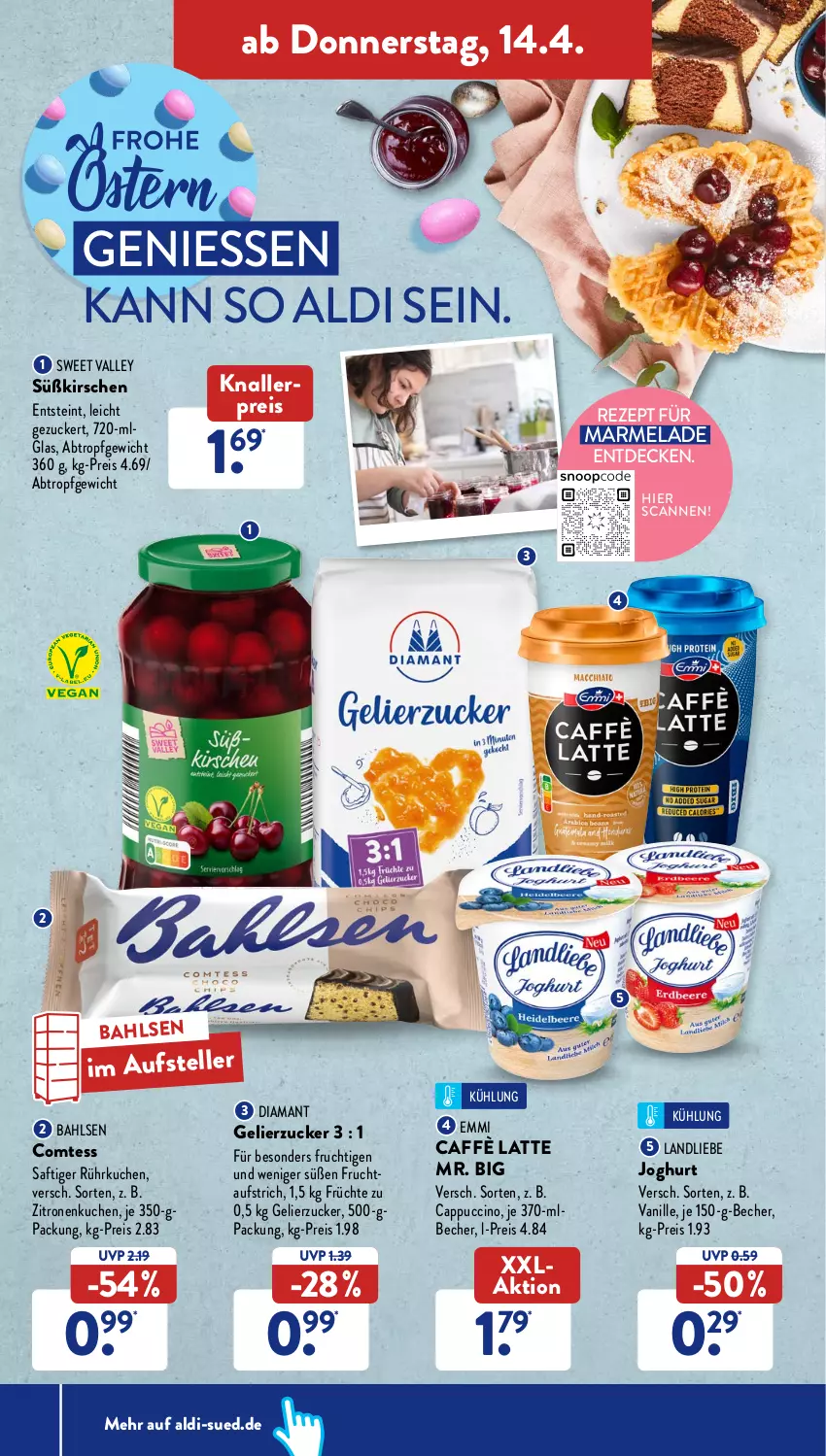 Aktueller Prospekt AldiSud - ALDI Aktuell - von 11.04 bis 16.04.2022 - strona 40 - produkty: aldi, aufstrich, bahlsen, Becher, caffè latte, Cap, cappuccino, cin, comtess, decke, eis, elle, emmi, frucht, fruchtaufstrich, früchte, gelierzucker, joghur, joghurt, kirsch, kirsche, kirschen, knallerpreis, kuchen, landliebe, landliebe joghurt, latte, LG, marmelade, reis, rezept, saft, teller, Ti, vanille, zitrone, zitronen, zucker